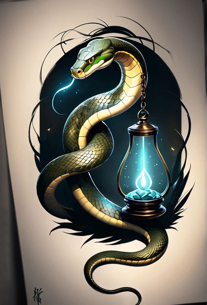 Tattoo sketch, snake, scale, magic, Dim lighting