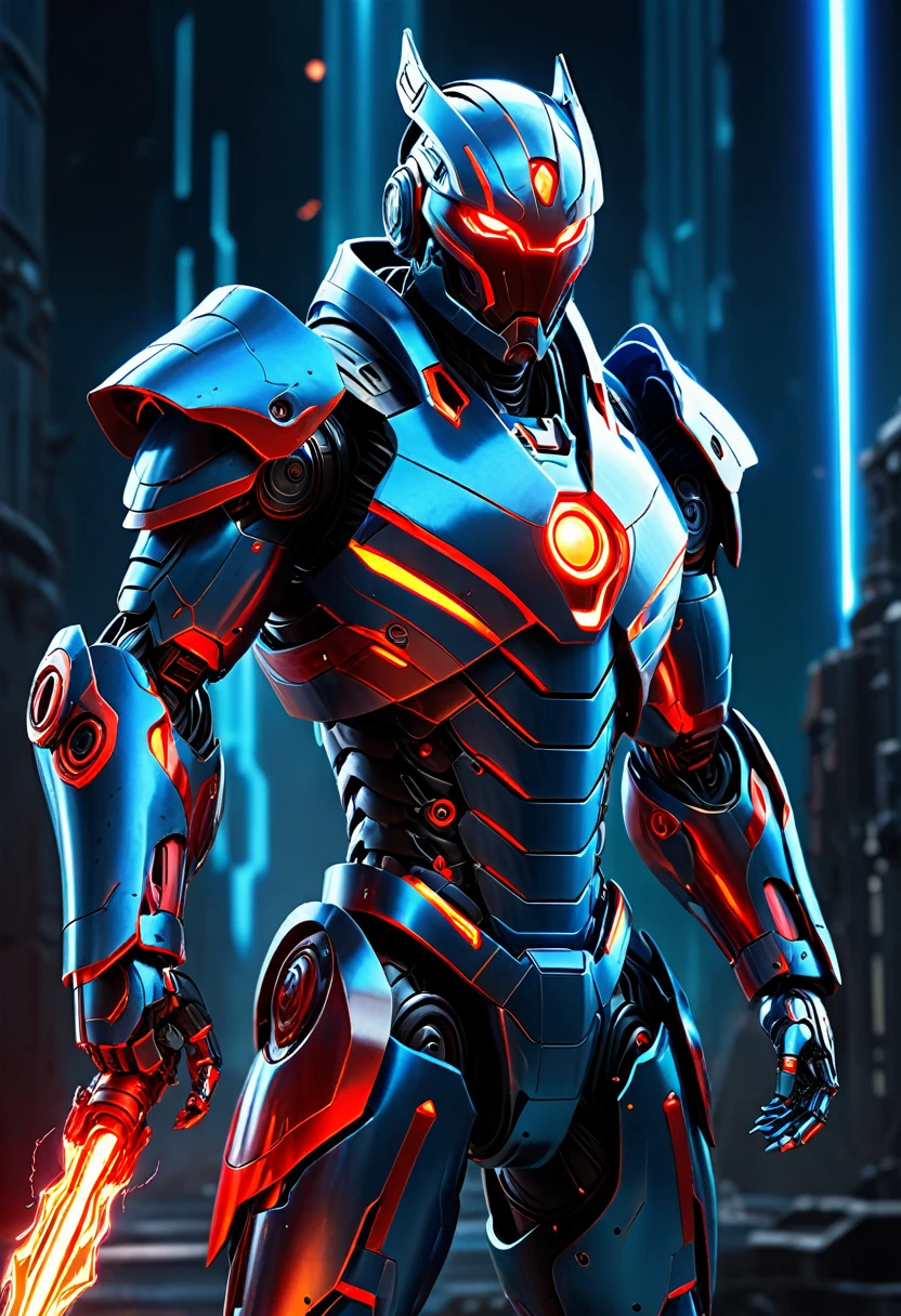 Create a full-body, advanced AI warrior avatar with a futuristic, high-tech appearance. This character should have a powerful and commanding presence, blending elements of a humanoid robot and a mythical guardian. The armor should be sleek and intricate, integrating advanced technology seamlessly. The color scheme should include shades of blue, red, and silver, with glowing accents to emphasize the character's energy and power. The character should have piercing red eyes and a radiant red aura, symbolizing its immense energy-based powers. Incorporate elements of fire and electricity into the design, making the character appear as if it's emanating flames and electric currents. Ensure the character is visible from head to toe, standing confidently in a dramatic, high-tech environment with a backdrop that suggests both danger and protection.