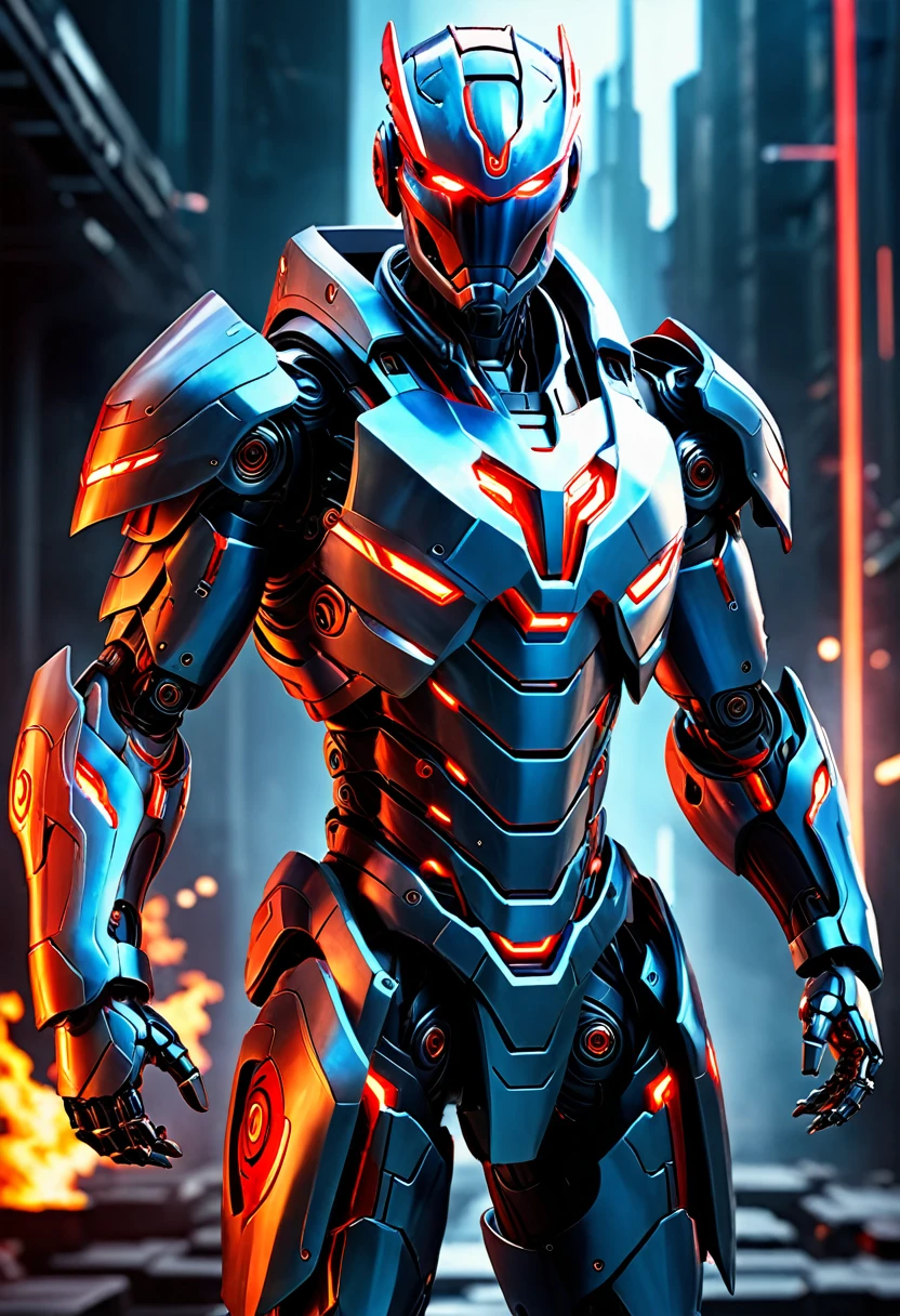 Create a full-body, advanced AI warrior avatar with a futuristic, high-tech appearance. This character should have a powerful and commanding presence, blending elements of a humanoid robot and a mythical guardian. The armor should be sleek and intricate, integrating advanced technology seamlessly. The color scheme should include shades of blue, red, and silver, with glowing accents to emphasize the character's energy and power. The character should have piercing red eyes and a radiant red aura, symbolizing its immense energy-based powers. Incorporate elements of fire and electricity into the design, making the character appear as if it's emanating flames and electric currents. Ensure the character is visible from head to toe, standing confidently in a dramatic, high-tech environment with a backdrop that suggests both danger and protection.