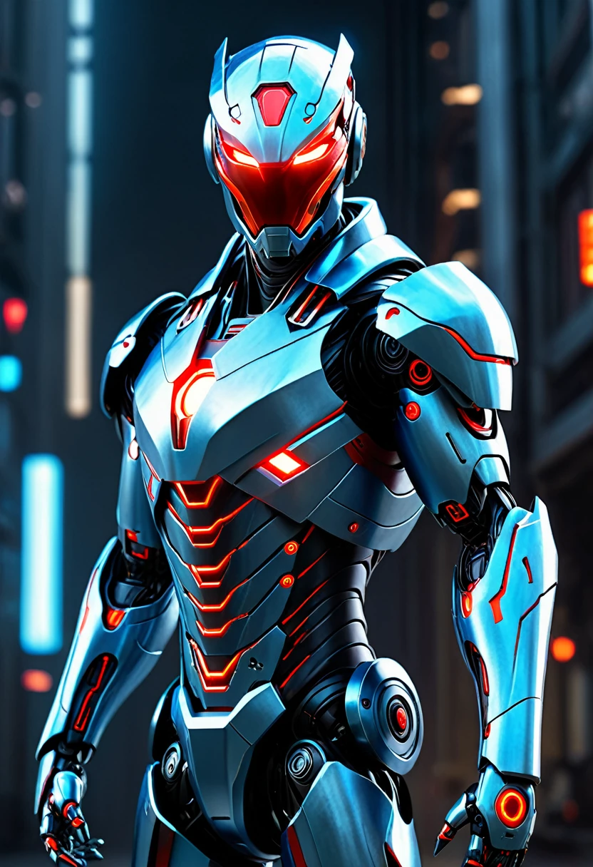 Create a full-body, advanced AI warrior avatar with a futuristic, high-tech appearance. This character should have a powerful and commanding presence, blending elements of a humanoid robot and a mythical guardian. The armor should be sleek and intricate, integrating advanced technology seamlessly. The color scheme should include shades of blue, red, and silver, with glowing accents to emphasize the character's energy and power. The character should have piercing red eyes and a radiant red aura, symbolizing its immense energy-based powers. Incorporate elements of fire and electricity into the design, making the character appear as if it's emanating flames and electric currents. Ensure the character is visible from head to toe, standing confidently in a dramatic, high-tech environment with a backdrop that suggests both danger and protection.