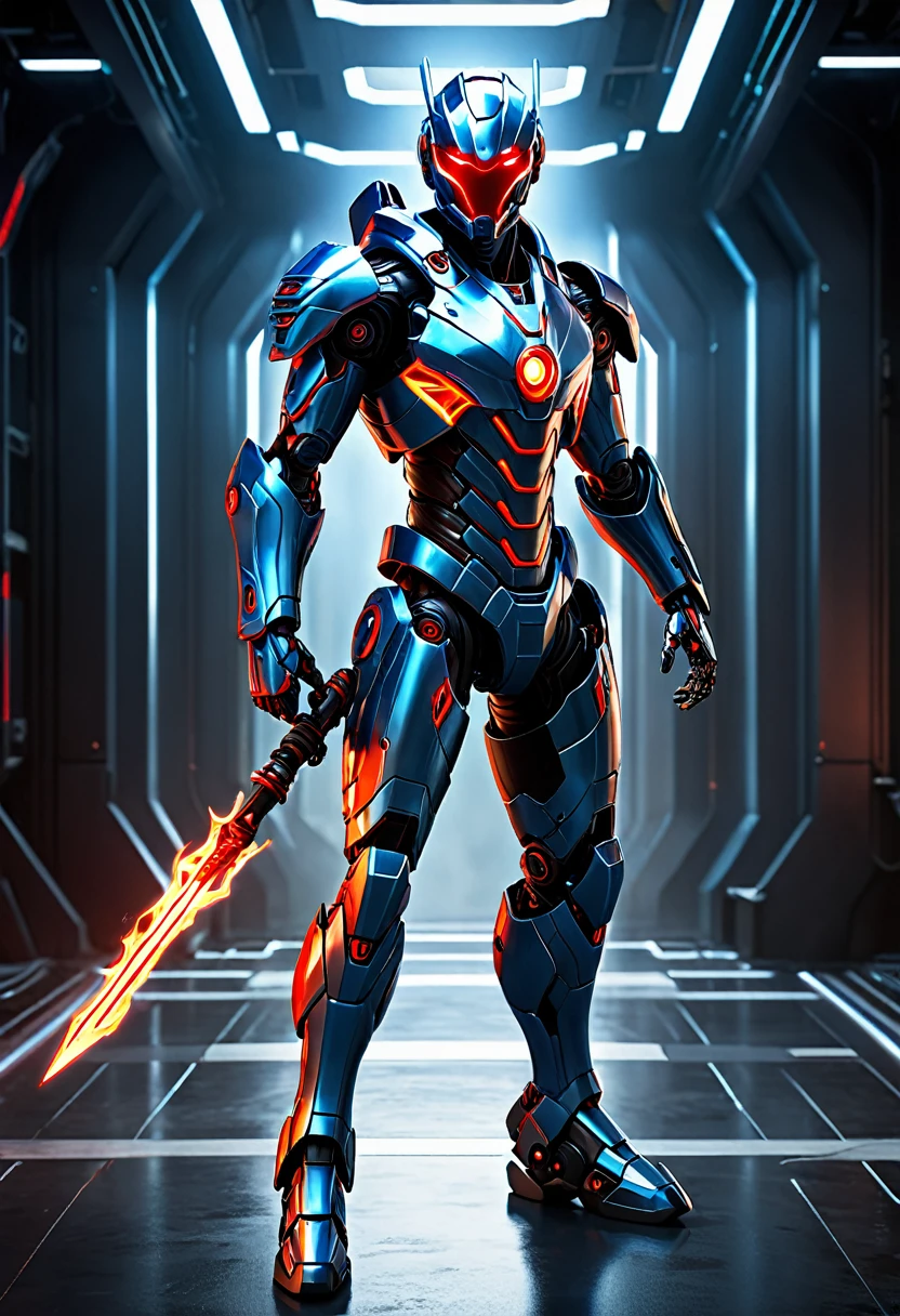 Create a full-body, advanced AI warrior avatar with a futuristic, high-tech appearance. This character should have a powerful and commanding presence, blending elements of a humanoid robot and a mythical guardian. The armor should be sleek and intricate, integrating advanced technology seamlessly. The color scheme should include shades of blue, red, and silver, with glowing accents to emphasize the character's energy and power. The character should have piercing red eyes and a radiant red aura, symbolizing its immense energy-based powers. Incorporate elements of fire and electricity into the design, making the character appear as if it's emanating flames and electric currents. Ensure the character is visible from head to toe, standing confidently in a dramatic, high-tech environment with a backdrop that suggests both danger and protection.