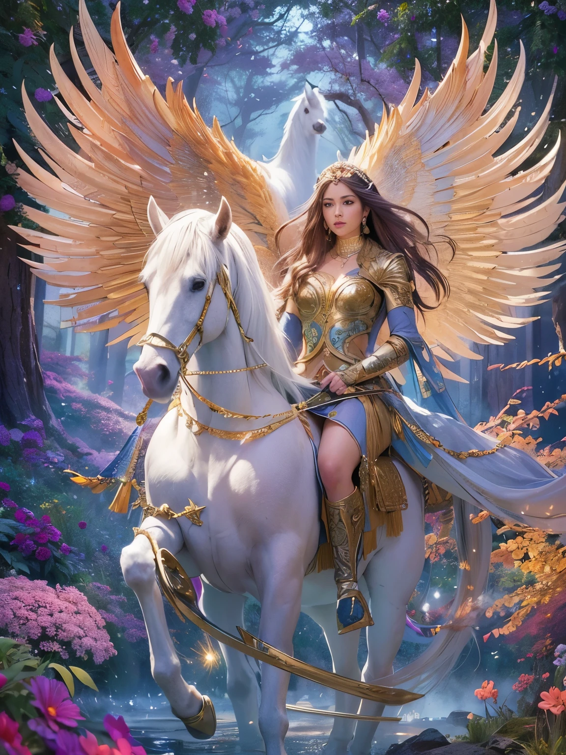 A mesmerizing scene set in a lush, enchanted forest where a stunning female warrior stands confidently beside a majestic Pegasus. The female has long, flowing hair that shimmers like spun gold, cascading down her back. Her armor is intricately detailed with delicate engravings and adorned with gemstones that glisten in the dappled sunlight filtering through the ancient trees. She holds a gleaming sword in one hand, its blade catching the light and casting a radiant glow.
The Pegasus, with its powerful wings folded gracefully by its sides, has a pure white coat that gleams like freshly fallen snow. Its mane and tail are ethereal, almost appearing to be made of strands of moonlight. The creature's eyes are a deep, soulful blue, reflecting both wisdom and untamed spirit. Together, they exude an aura of strength and mystical beauty, ready to embark on an epic journey.
The background is a tapestry of vibrant flora, with enchanted flowers and towering trees that seem to whisper ancient secrets. Rays of sunlight break through the canopy, creating a magical ambiance with sparkling motes of light dancing in the air. The scene captures a moment of serene yet powerful connection between the warrior and her mythical steed, set against a backdrop of otherworldly splendor
