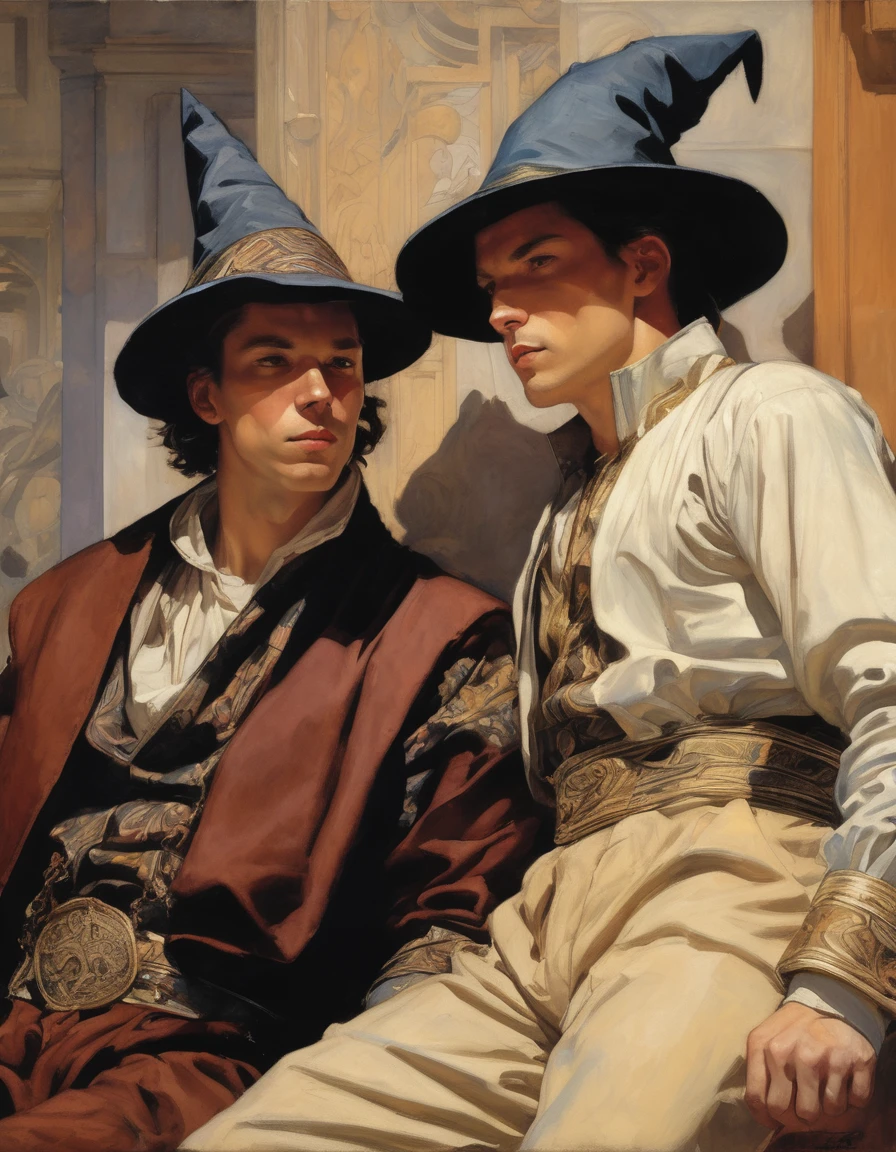 ((Masterpiece, best quality, oil painting, male focus)), ((by Moebius, by J. C. Leyendecker)), ((((the half body reclined portrait of 2 young male wizard apprentices, they are lovers staring each other, tense, bored and frustrated, blushing, sullen))))