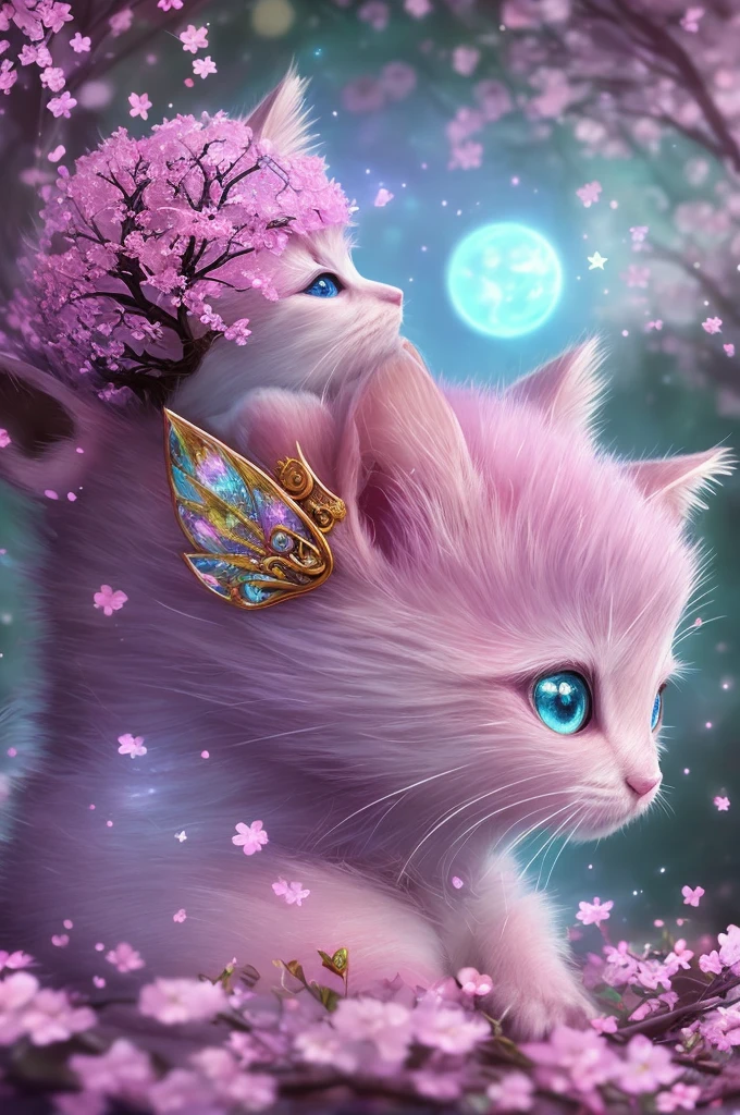 Side view, Supersaturation, Colorful, fairy tale, dream-like, Movie character rendering, oil, 3d, 8k resolution, Sequins, Glitter, Cherry Blossom Forest, moonlight, Close up portrait adorable chibi cute anthropomorphic kitten king, Detailed eyes, Large, round, reflective eyes, 