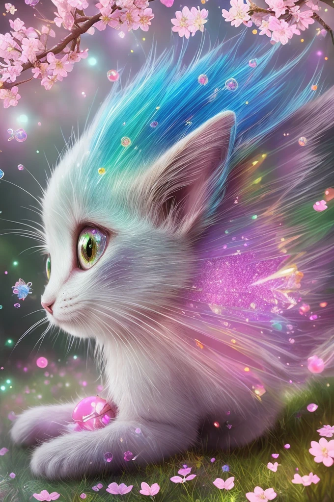 Side view, Supersaturation, Colorful, fairy tale, dream-like, Movie character rendering, oil, 3d, 8k resolution, Sequins, Glitter, Cherry Blossom Forest, moonlight, Close up portrait adorable chibi cute anthropomorphic kitten king, Detailed eyes, Large, round, reflective eyes,