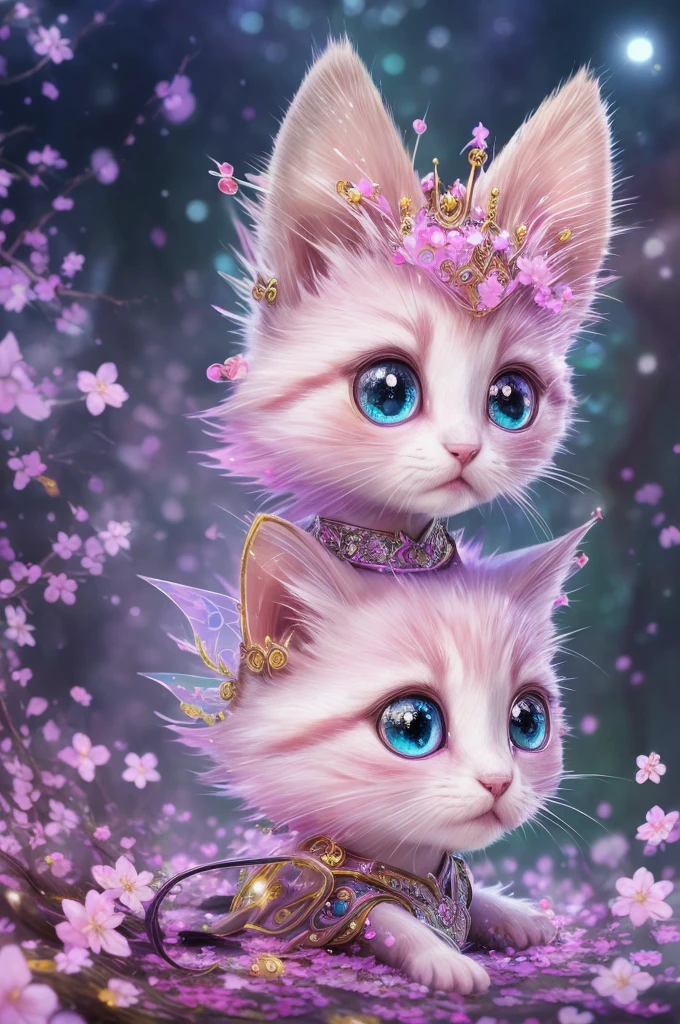 Side view, Supersaturation, Colorful, fairy tale, dream-like, Movie character rendering, oil, 3d, 8k resolution, Sequins, Glitter, Cherry Blossom Forest, moonlight, Close up portrait adorable chibi cute anthropomorphic kitten king, Detailed eyes, Large, round, reflective eyes, 