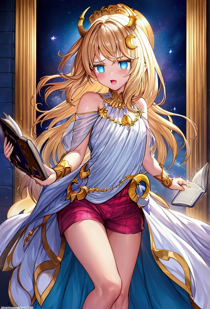(anatomically correct, super detail, award winning, masterpiece, Highest quality, crescent hair ornament, cinematic lighting, 8k, The whole body is shown)) ,1boy:1.3 AND 1girl, The boy is surprised, A  is holding an open book, Wearing a robe, Shorts, ((Glowing Book:1.3, A cute girl pops out of the book:1.45, Fantasy looking girl, A dynamic jump-out)), Anime-style, Anime effects:1.3