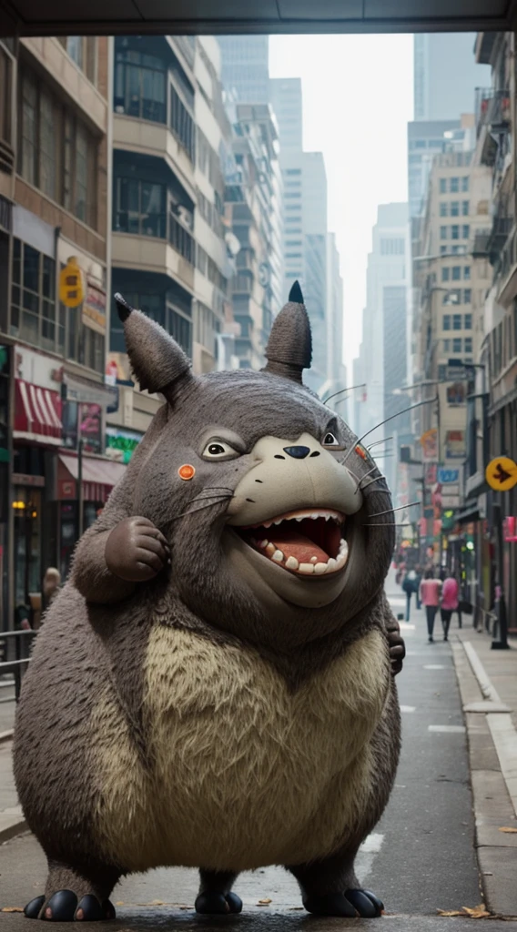 The Totoro photos are very detailed and exquisite,Its mouth is wide open and many teeth are visible.,A live-action version of Totoro,He has a very scary face，A giant Totoro is destroying the city，(Super realistic Totoro:1.4),Many people flee
