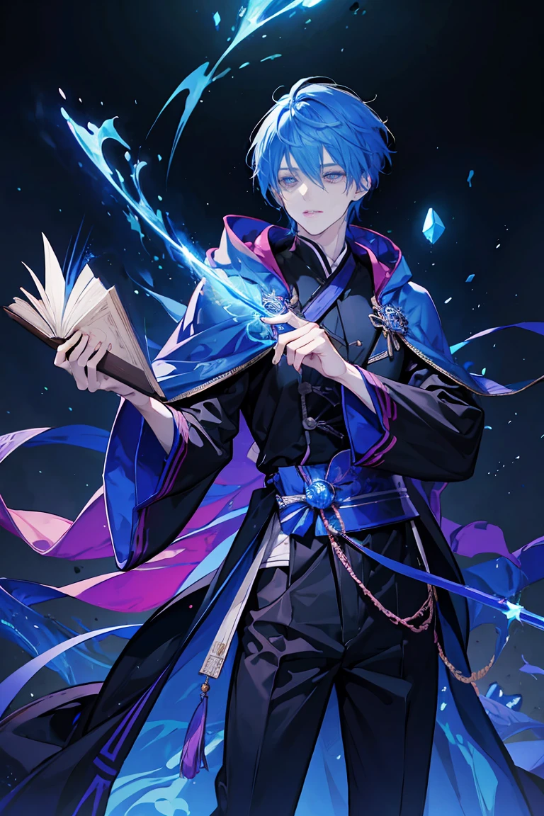 Sorcerer a pinkhightlightbluehair men, wearing a , fasion hair, fasion hair, slim body, hood, hakama, men, handsome face, tall 187cm, 21yearold, male, Secret, magicbook,