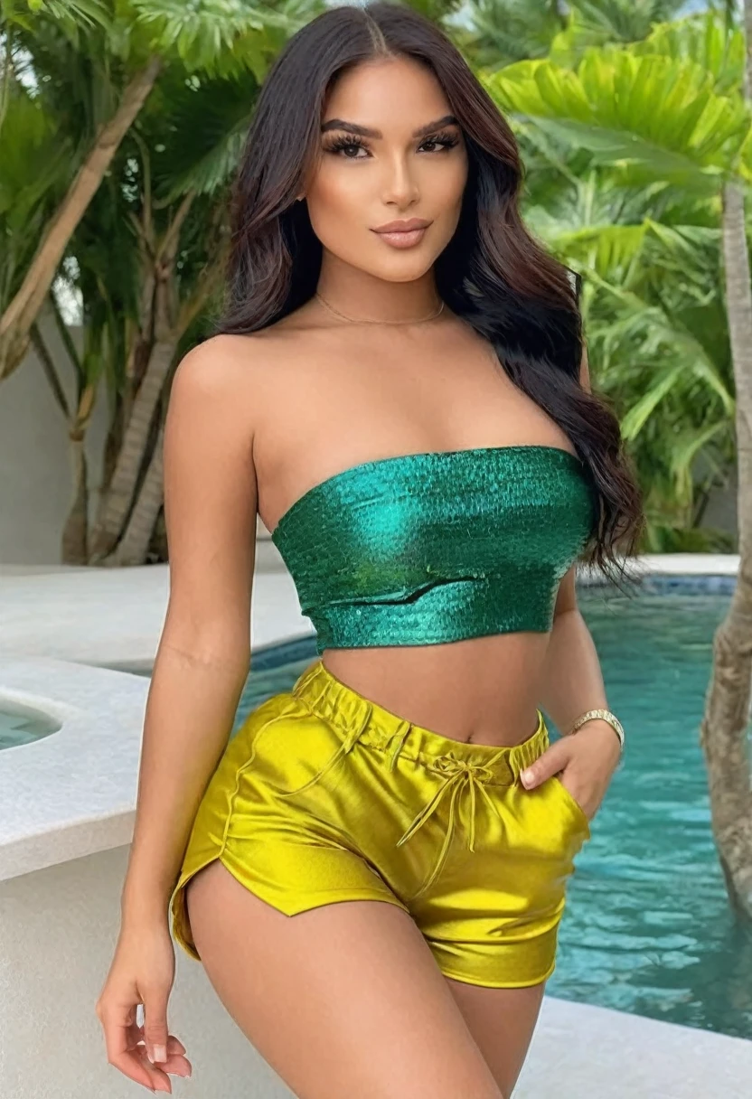 ((Best high quality:1.2)), work of art, (8k), extremely detailed, ((High detail:1.2)), (HotLexi woman), Solo, Brazilian female with 24 years old, (cropped strapless, mini-shorts),