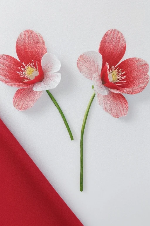 a red flower dress with white buds adorning the fabric, intricate details, stark white background, digital painting, ultra-realistic, vivid colors, highly detailed