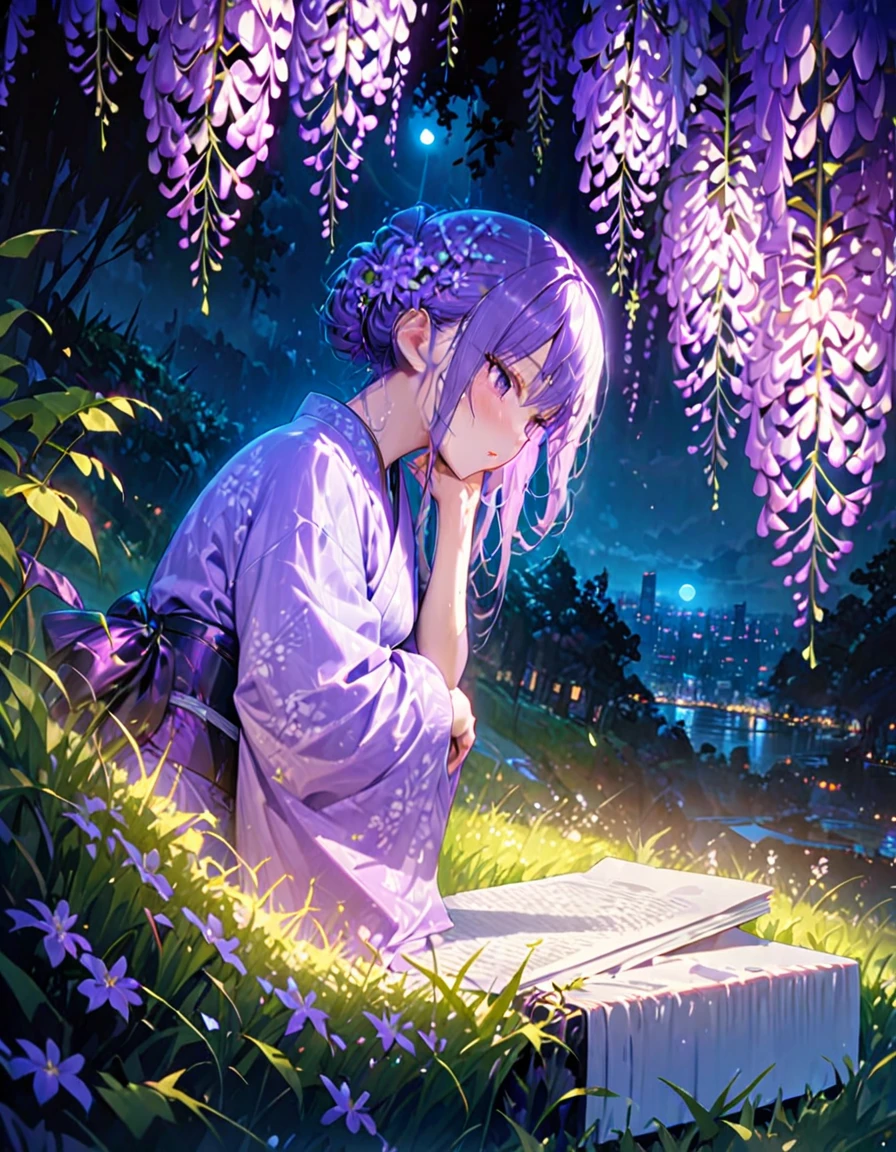 朧月、Woman in purple kimono、Looking down、Wisteria flower、Green Grass、night、moonlight、(((masterpiece))), (Highest quality), (Super detailed), (very_expensive_solve), (big_file size), (Full Color)