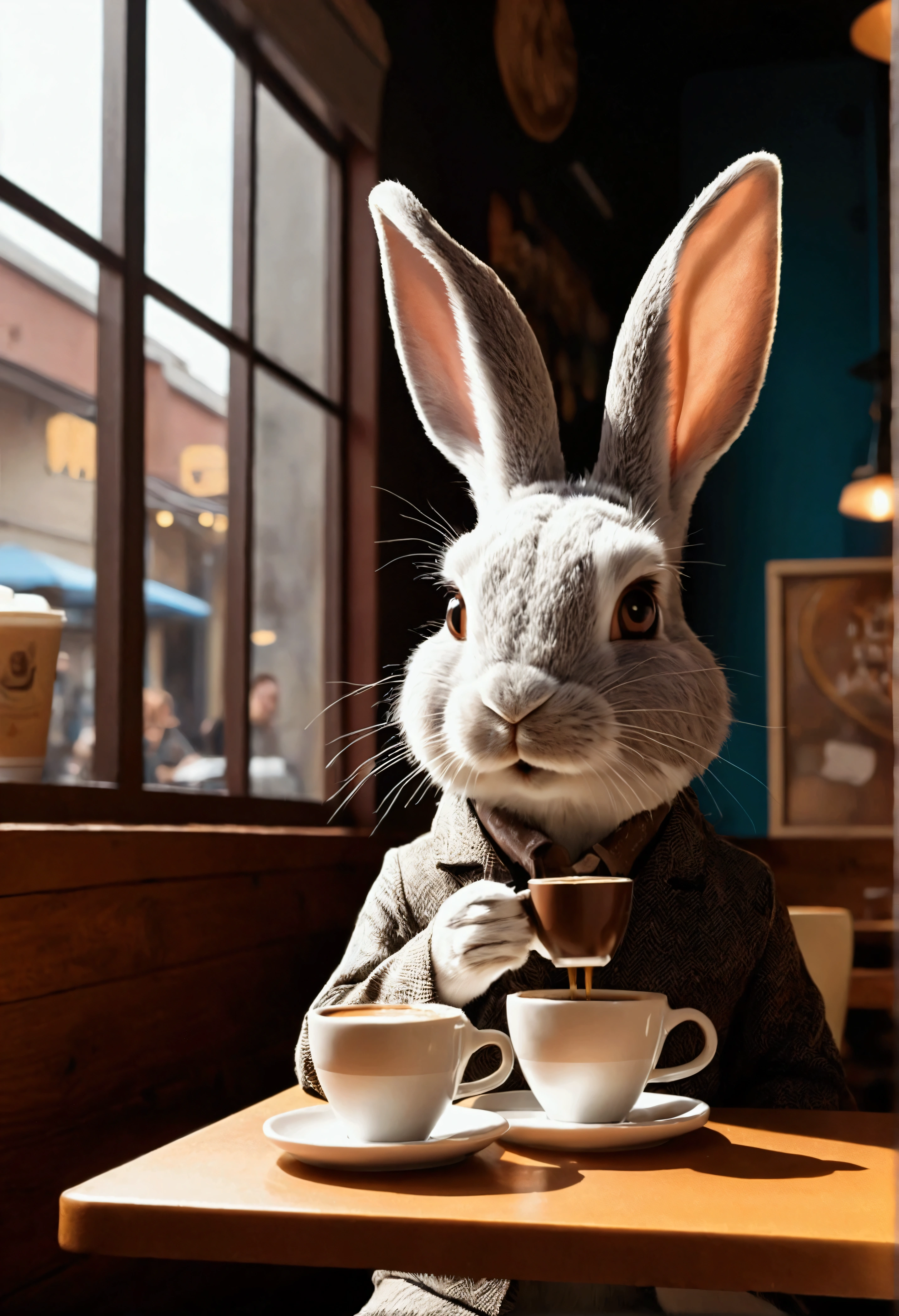 A rabbit drinking coffee in a coffee shop, art [Try Andrews]