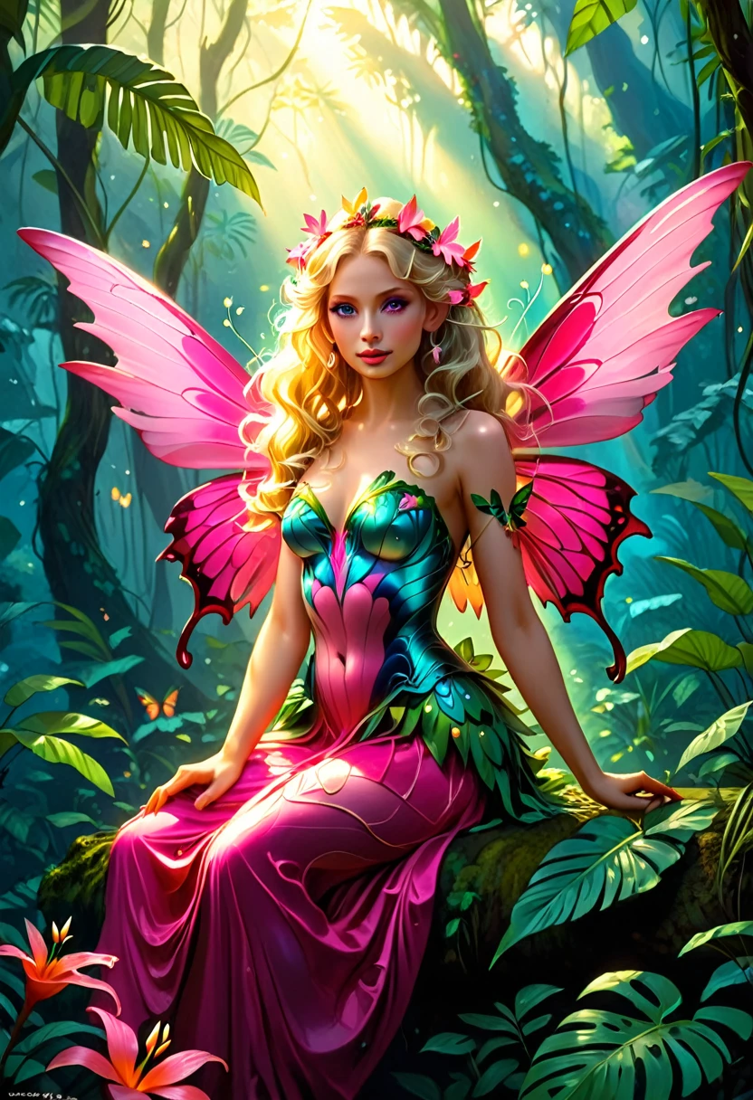 a picture of a jungle fairy, an extraordinary beautiful, elegant beauty, divine beautiful fairy, ((anatomically correct: 1.5)) spread butterfly wings, colorful wings, pink eyes, glowing eyes, (ultra detailed face: 1.2), best detailed face,  blond hair, rich hair, wavy hair, glamour dress, wild dress, dress decorated with jungle flowers,  sitting on massive heliconia tree the rain forest, sun rays coming through the trees, Hyperrealism style, vibrant, Ultra-high resolution, High Contrast, (masterpiece:1.5), highest quality, Best aesthetics), best details, best quality, highres, ultra wide angle, 16k, [ultra detailed], masterpiece, best quality, (extremely detailed) RAW, Cinematic Hollywood Film style, FairyTaleAI, fairy wings, digital painting
