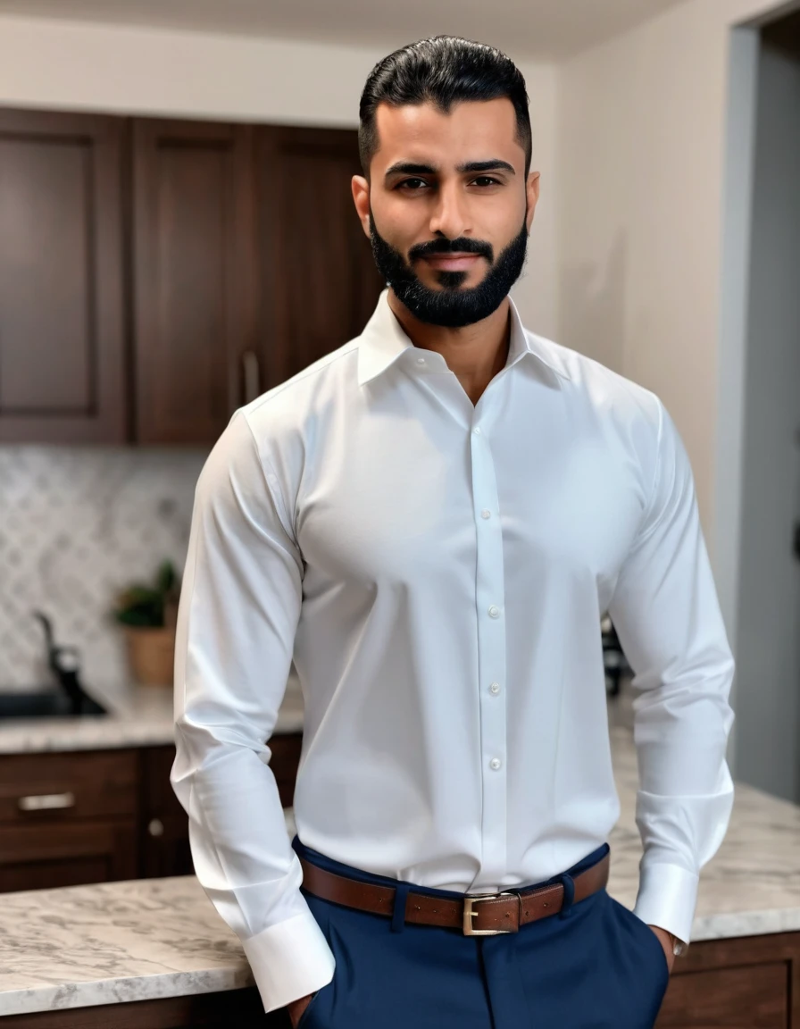 Fair and handsome ,stunning ,Arab Muslim man wearing a long sleeve , sleeves folded shirt with a normal beard in depth of field apartment interior background , shot on iphone 13 , professional photo ,