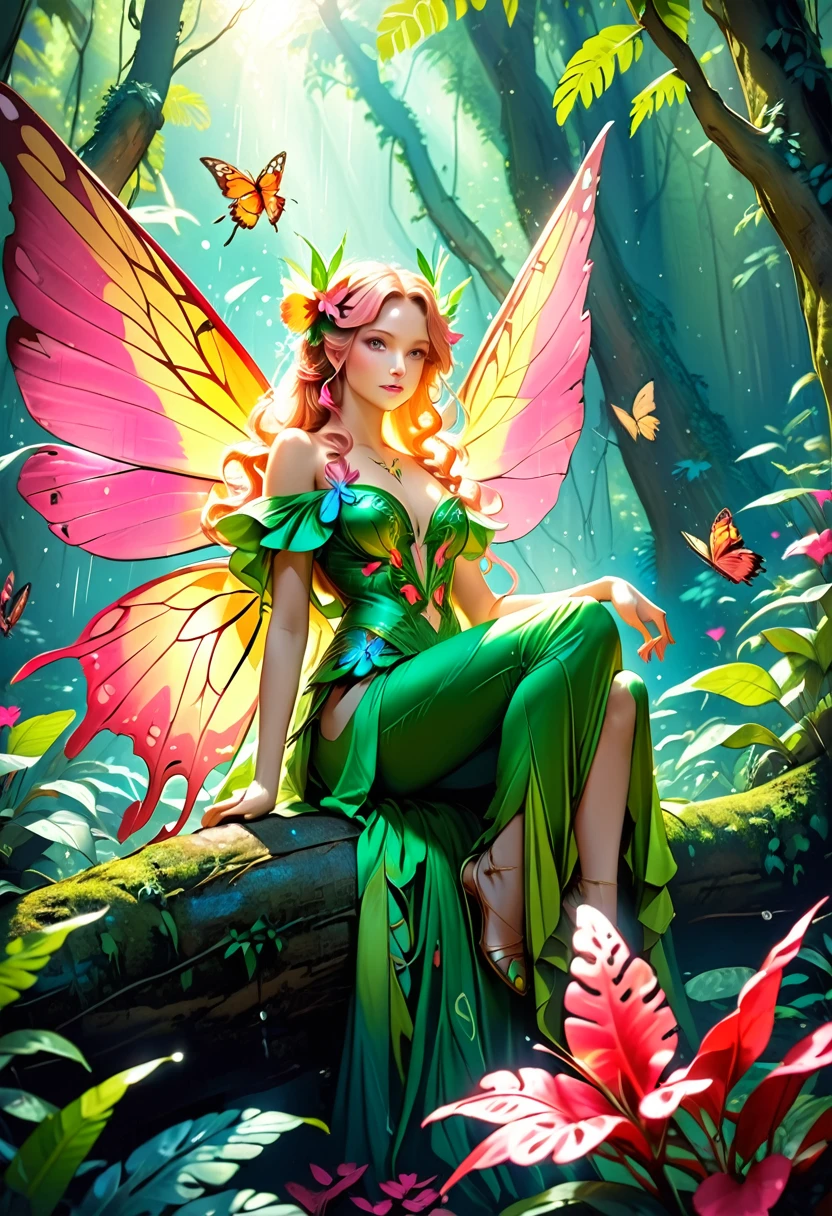 a picture of a jungle fairy, an extraordinary beautiful, elegant beauty, divine beautiful fairy, ((anatomically correct: 1.5)) spread butterfly wings, colorful wings, pink eyes, glowing eyes, (ultra detailed face: 1.2), best detailed face,  blond hair, rich hair, wavy hair, glamour dress, wild dress, dress decorated with jungle flowers,  sitting on massive heliconia tree the rain forest, sun rays coming through the trees, Hyperrealism style, vibrant, Ultra-high resolution, High Contrast, (masterpiece:1.5), highest quality, Best aesthetics), best details, best quality, highres, ultra wide angle, 16k, [ultra detailed], masterpiece, best quality, (extremely detailed) RAW, Cinematic Hollywood Film style, FairyTaleAI, fairy wings, digital painting
