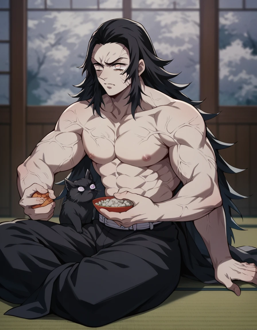 Black long haired muscular man holding a black kitten, sitting on a tatami, with a serious look, The last Kimetsu no Yaiba 