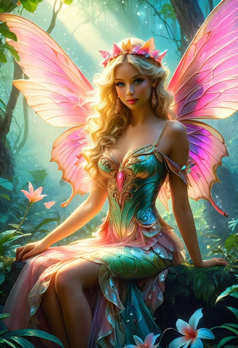a picture of a jungle fairy, an extraordinary beautiful, elegant beauty, divine beautiful fairy, ((anatomically correct: 1.5)) spread butterfly wings, colorful wings, pink eyes, glowing eyes, (ultra detailed face: 1.2), best detailed face,  blond hair, rich hair, wavy hair, glamour dress, wild dress, dress decorated with jungle flowers,  sitting on massive heliconia tree the rain forest, sun rays coming through the trees, Hyperrealism style, vibrant, Ultra-high resolution, High Contrast, (masterpiece:1.5), highest quality, Best aesthetics), best details, best quality, highres, ultra wide angle, 16k, [ultra detailed], masterpiece, best quality, (extremely detailed) RAW, Cinematic Hollywood Film style, FairyTaleAI, fairy wings, digital painting