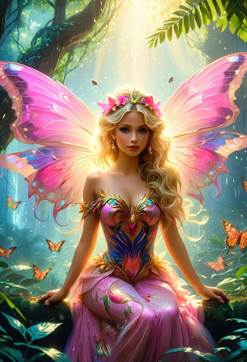 a picture of a jungle fairy, an extraordinary beautiful, elegant beauty, divine beautiful fairy, ((anatomically correct: 1.5)) spread butterfly wings, colorful wings, pink eyes, glowing eyes, (ultra detailed face: 1.2), best detailed face,  blond hair, rich hair, wavy hair, glamour dress, wild dress, dress decorated with jungle flowers,  sitting on massive heliconia tree the rain forest, sun rays coming through the trees, Hyperrealism style, vibrant, Ultra-high resolution, High Contrast, (masterpiece:1.5), highest quality, Best aesthetics), best details, best quality, highres, ultra wide angle, 16k, [ultra detailed], masterpiece, best quality, (extremely detailed) RAW, Cinematic Hollywood Film style, FairyTaleAI, fairy wings, digital painting