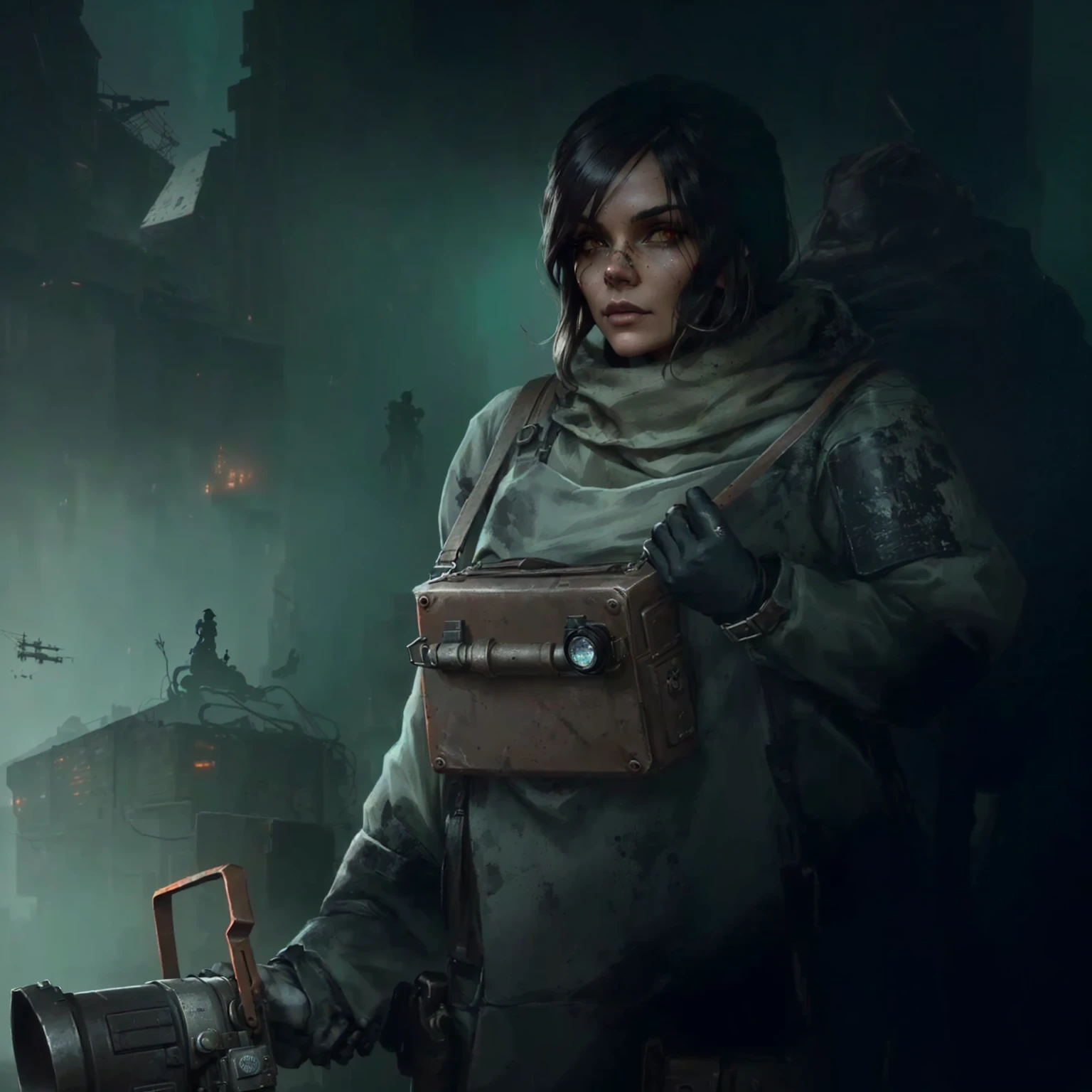 there is a woman holding a camera and a bag in her hand, by Ludwik Konarzewski, postapocalyptic explorer, by Ludwik Konarzewski Jr, alexey egorov, valve promotional splash art, eerie nostalgic concept art, dark concept art, by Adam Marczyński, post - apocalyptic scavenger