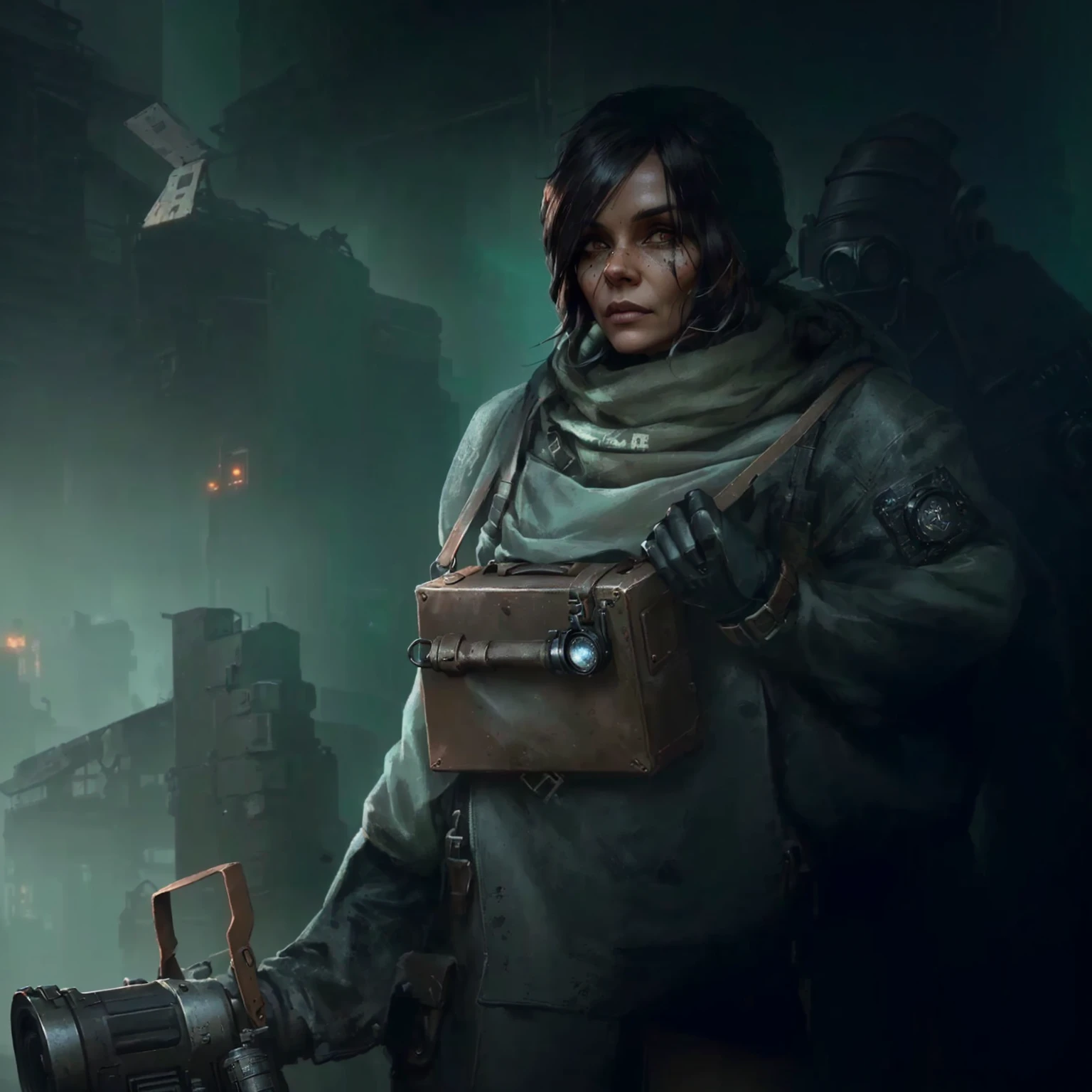 there is a woman holding a camera and a bag in her hand, by Ludwik Konarzewski, postapocalyptic explorer, by Ludwik Konarzewski Jr, alexey egorov, valve promotional splash art, eerie nostalgic concept art, dark concept art, by Adam Marczyński, post - apocalyptic scavenger