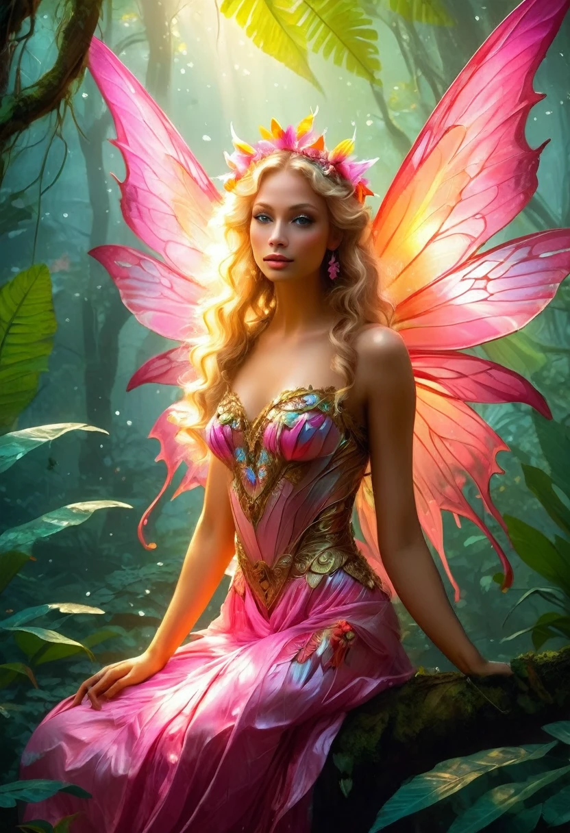 a picture of a jungle fairy, an extraordinary beautiful, elegant beauty, divine beautiful fairy, ((anatomically correct: 1.5)) spread butterfly wings, colorful wings, pink eyes, glowing eyes, (ultra detailed face: 1.2), best detailed face,  blond hair, rich hair, wavy hair, glamour dress, wild dress, dress decorated with jungle flowers,  sitting on massive heliconia tree the rain forest, sun rays coming through the trees, Hyperrealism style, vibrant, Ultra-high resolution, High Contrast, (masterpiece:1.5), highest quality, Best aesthetics), best details, best quality, highres, ultra wide angle, 16k, [ultra detailed], masterpiece, best quality, (extremely detailed) RAW, Cinematic Hollywood Film style, FairyTaleAI, fairy wings, digital painting
