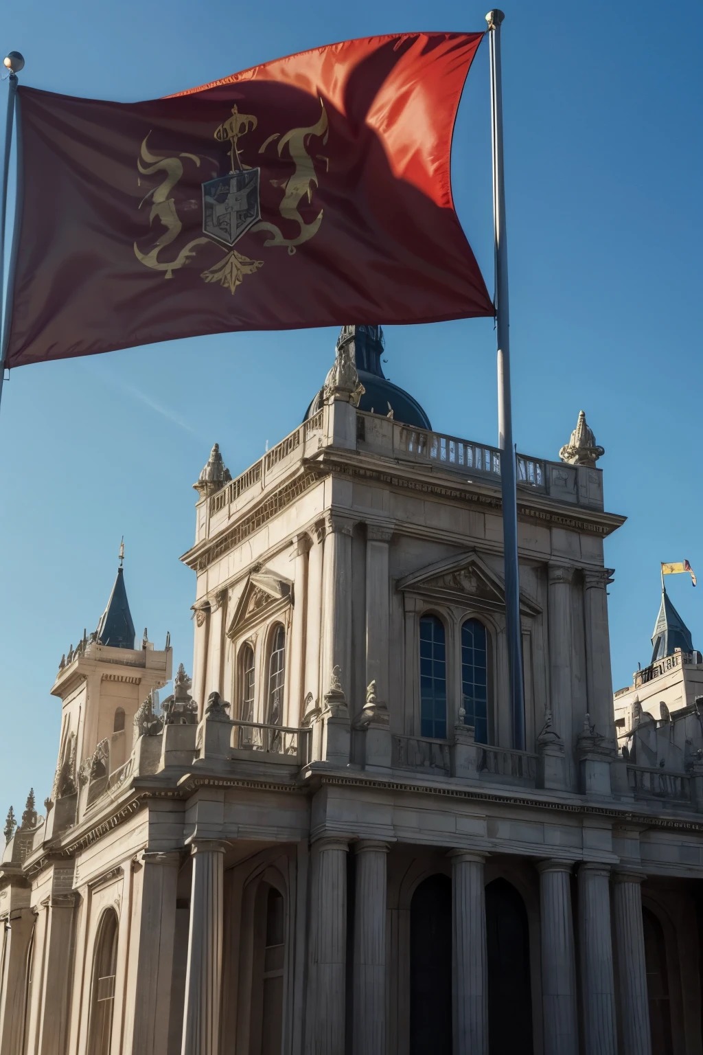 close up image of a fictional flag flying on top of a palace, satanic theme, futuristic