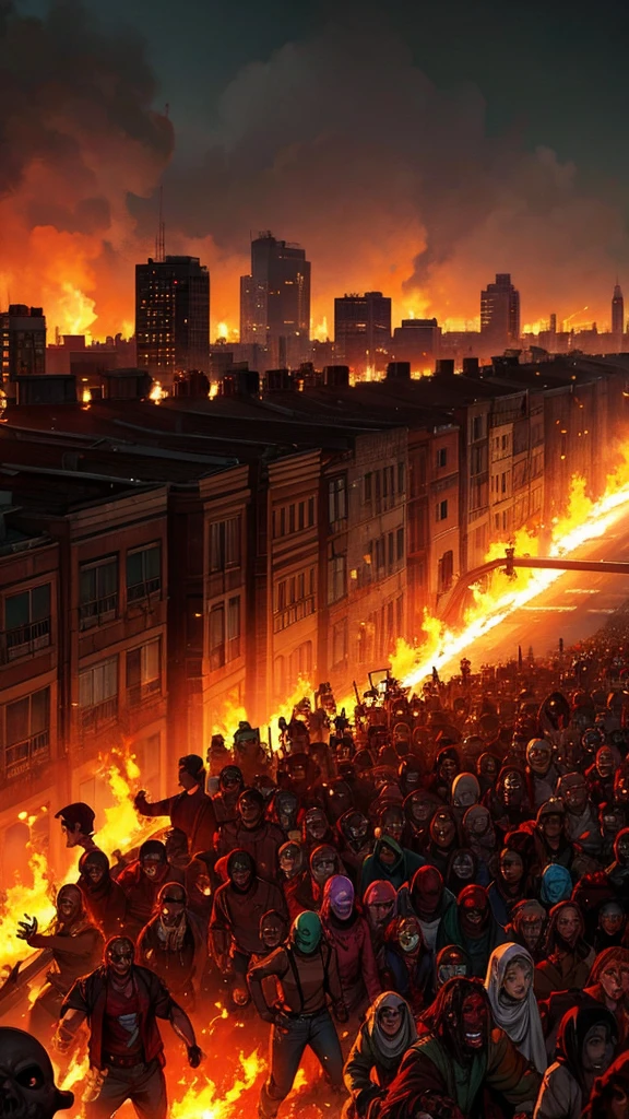 Group of people fleeing on a highway full of vehicles, people are followed by a horde of zombies that have red skin, In the background you can see buildings on fire and more people fleeing from other zombies