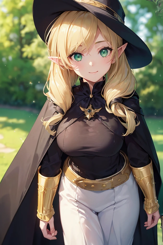 (((masterpiece; best quality: 1.2))), (finely detailed eyes: 1.3), (25 year old elf woman), (solo), (green eyes: 1.4), (body; big breasts, fit, femenine: 1.3), (silky blonde hair in low ponytail: 1.3), (beautiful and clear background: 1.2), ((depth of field)), (equipment: adventurer garb + modest + elegant wide-brim hat + dark blouse + dark cape + black long skirt + gloves + belt + pouches: 1.3), (anime illustration: 1.2), (background composition; royal garden: 1.1), (extremely fine and beautiful: 1.1), (shot composition; standing + centered on torso + close-up: 1.5), (expression; calm, smile: 1.2)