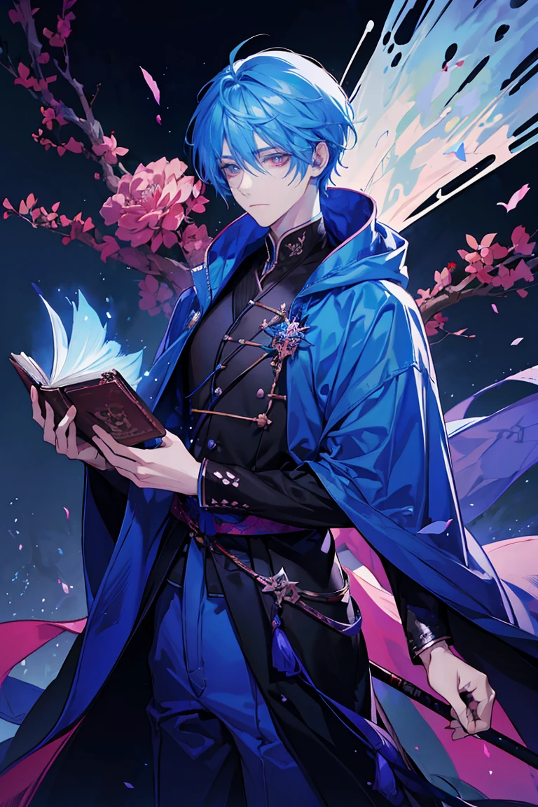 Sorcerer a pinkhightlightbluehair men, wearing a , fasion hair, fasion hair, slim body, hood, hakama, men, handsome face, tall 187cm, 21yearold, male, Secret,  magicbook, red eyes,