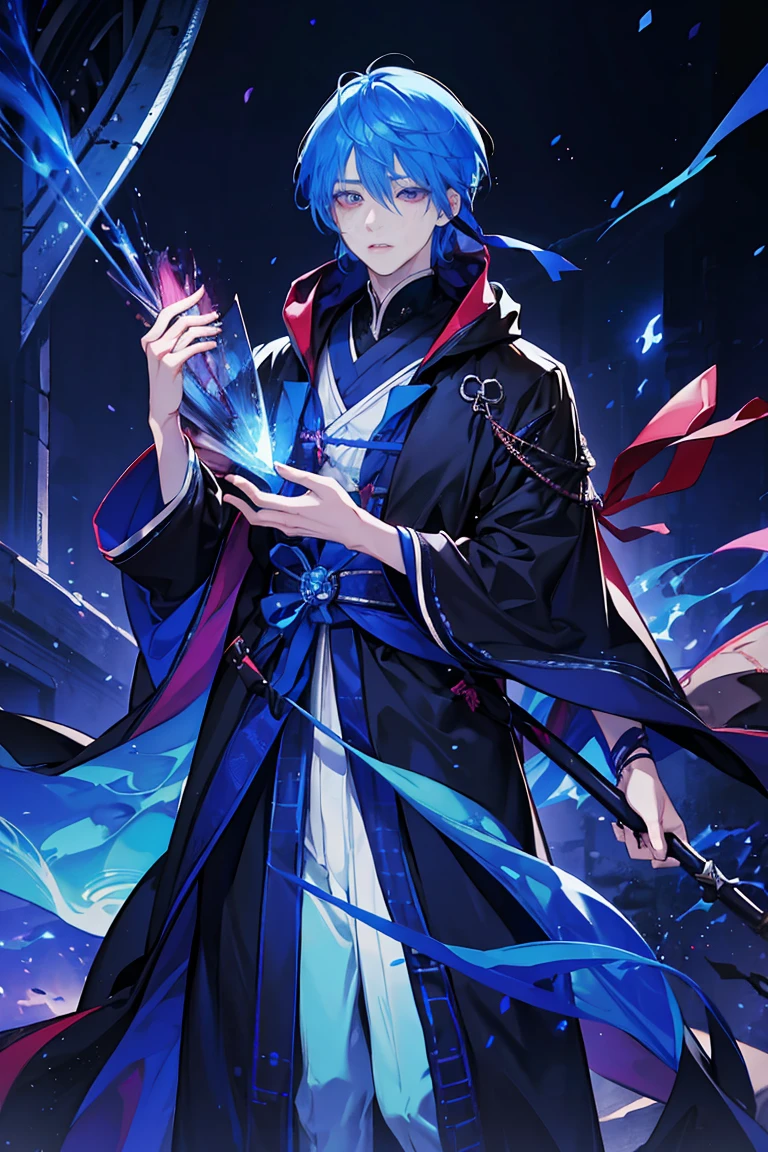 Sorcerer a pinkhightlightbluehair men, wearing a , fasion hair, fasion hair, slim body, hood, hakama, men, handsome face, tall 187cm, 21yearold, male, Secret,  magicbook, red eyes,
