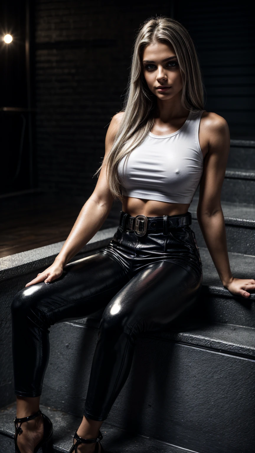 Seductive and confident look. Huge arm muscles, triceps and biceps, visible veins. Folded arms, Long legs. Sweaty Slim muscular barefeet teenage european girl. Shiny leather trousers, white button up t-shirt. Sitting on stairs in vintage garage. Long silver hair. backlit, smirk, belt, backlit, perfect sultry make-up, cinematic, realistic, high contrast, visually rich,piercing eyes, strong eyeliner, mesmerizing eyes, elegant, graceful, natural beauty, charismatic, versatile, photogenic, very detailed