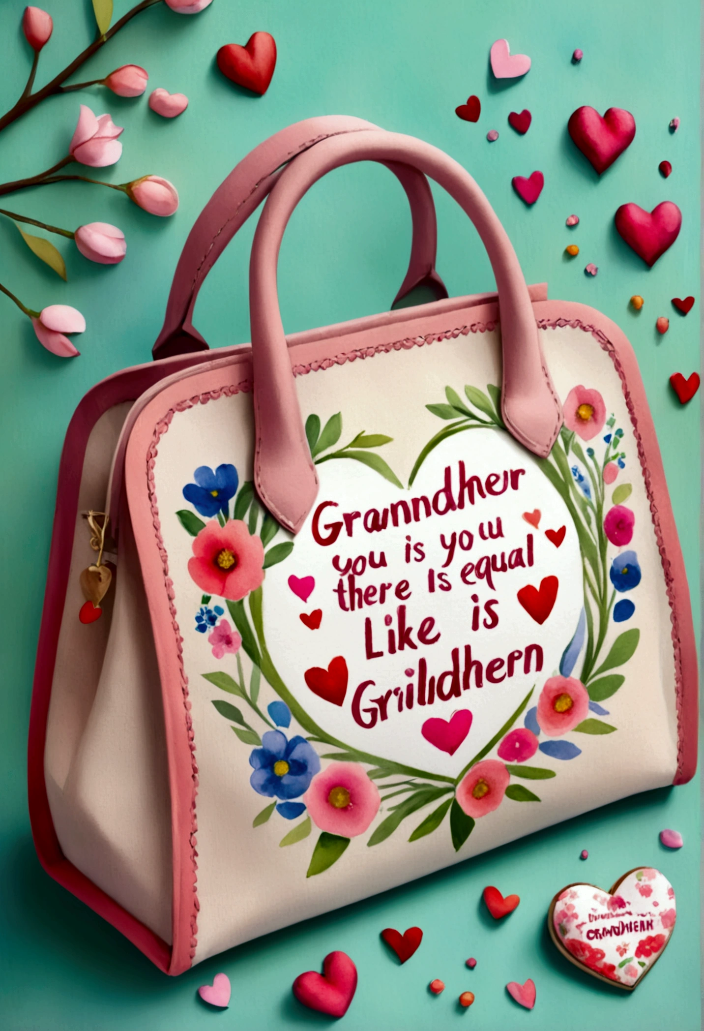 bag made of linen, is heart shaped, floral frame, Delicate watercolor flowers in vibrant shades of pink and pink, Engaging illustrations. ("grandmother, you are very special, And like you, there is no equal! Memento, of your beloved grandchildren text:1.6").