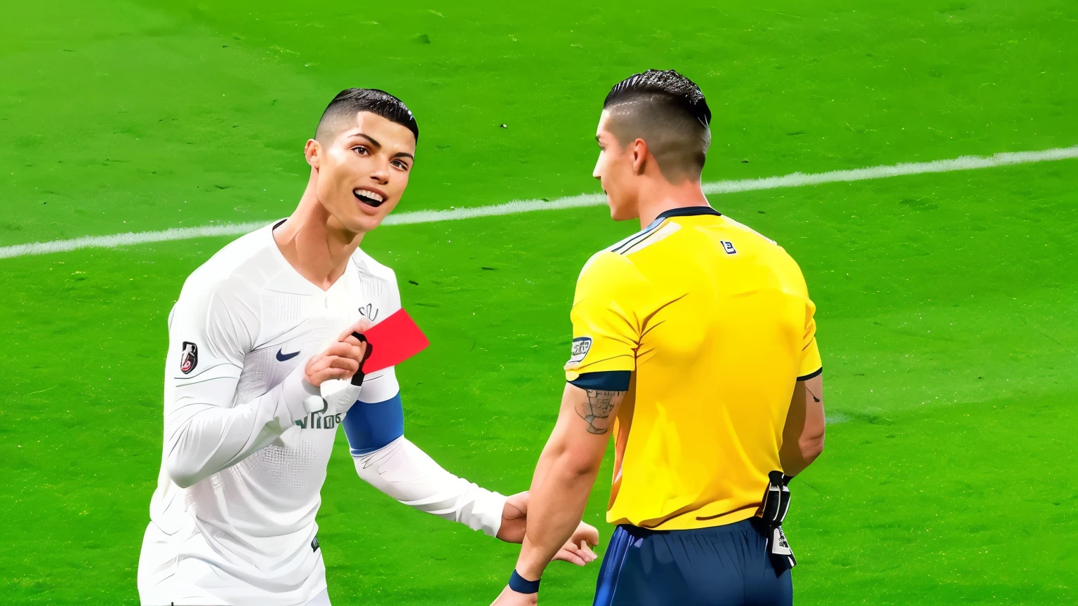 referee giving a red card to a player on a soccer field, cristiano ronaldo, youtube thumbnail, the best ever, 🌻🎹🎼, official, soccer player cristiano ronaldo, end of an era, 😃😀😄☺🙃😉😗, 🔞🤡, trailer, award-winning shot, award - winning shot, no stipe, winning photo