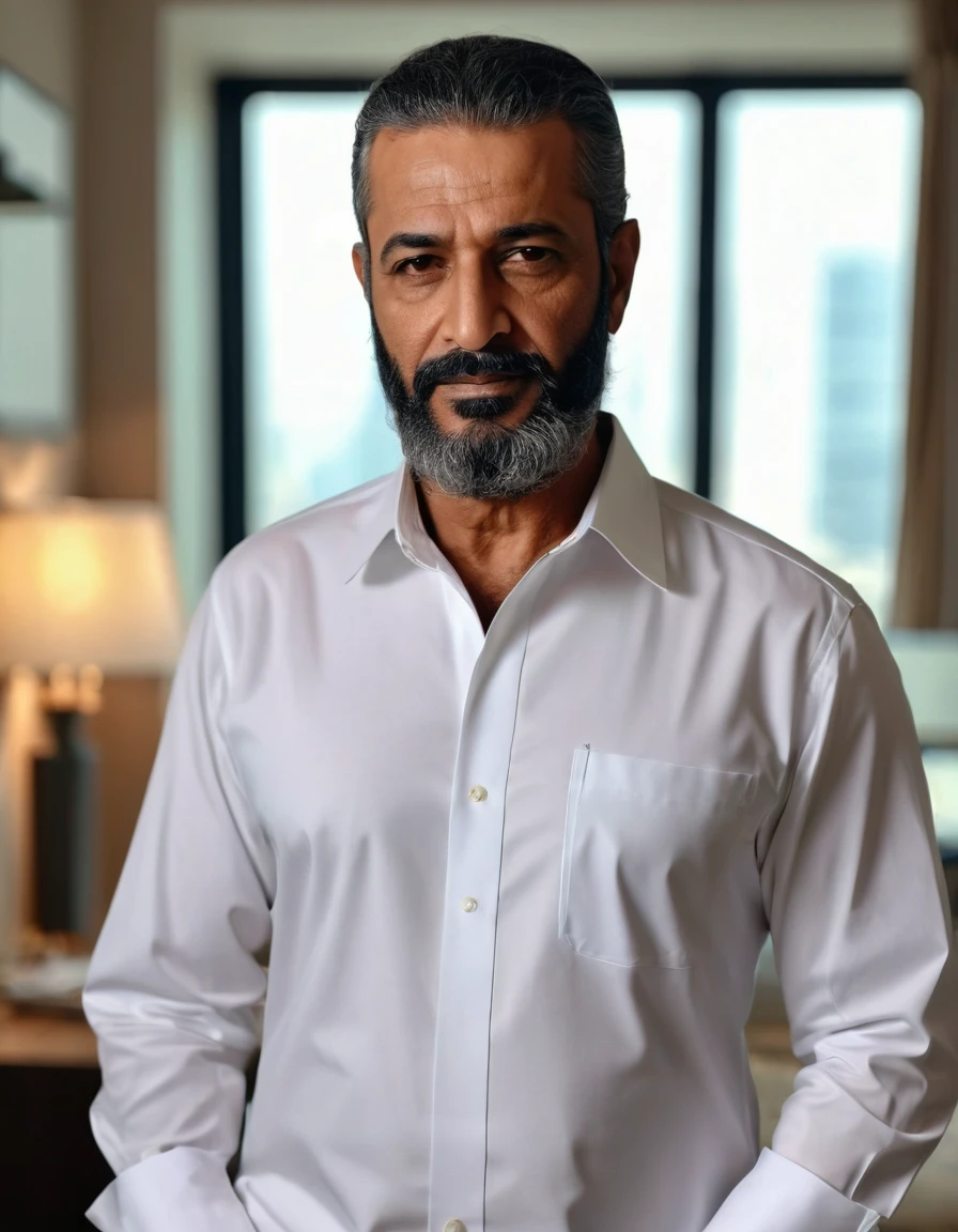 Fair and handsome ,stunning ,50 year old Arab Muslim man wearing a long sleeve , sleeves folded shirt with a normal beard in depth of field apartment interior background , shot on iphone 13 , professional photo ,