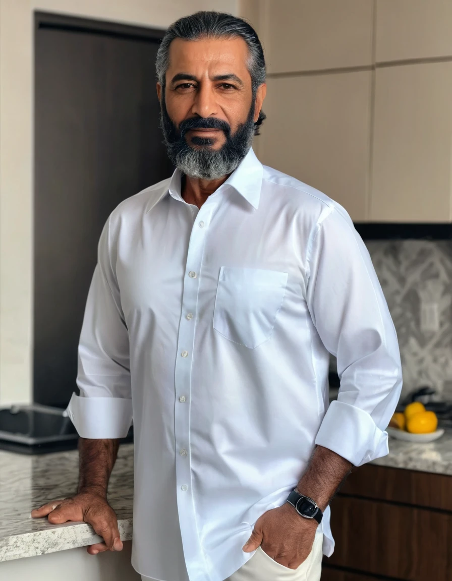 Fair and handsome ,stunning ,50 year old Arab Muslim man wearing a long sleeve , sleeves folded shirt with a normal beard in depth of field apartment interior background , shot on iphone 13 , professional photo ,