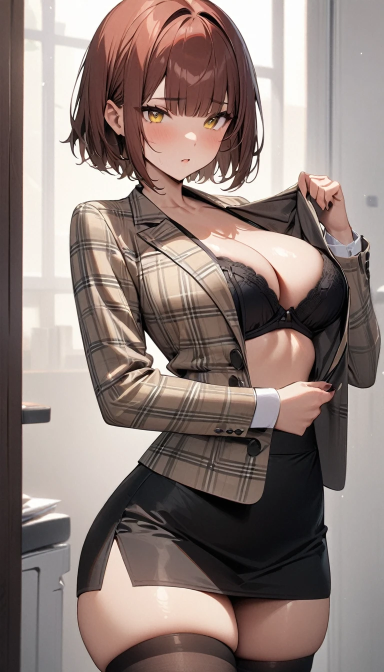 masterpiece, best quality, 1girl, solo, adult, short hair, blunt bangs, brown hair, red hair, yellow eyes, cropped white plaid blazer, long sleeves, black pencil skirt, gray boots thighhighs, large breasts, holding a bra