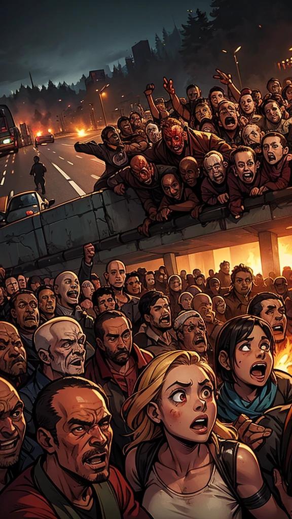 Group of people fleeing on a highway full of vehicles, people are followed by a horde of zombies that have red skin