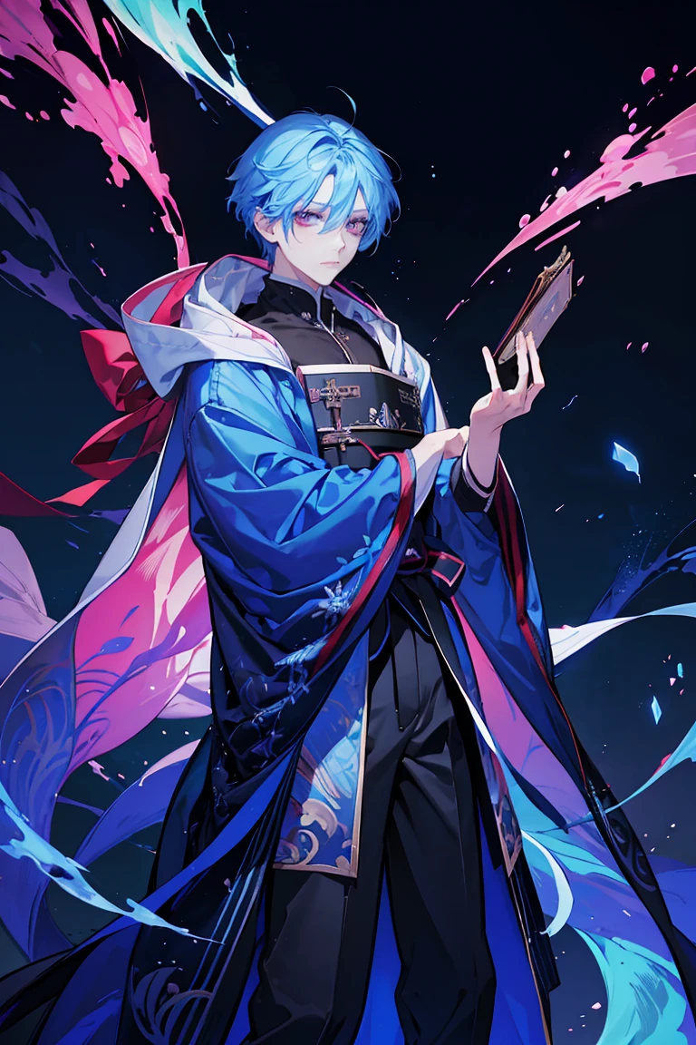 Sorcerer a pinkhightlightbluehair men, wearing a , fasion hair, fasion hair, slim body, hood, hakama, men, handsome face, tall 187cm, 21yearold, male, Secret, magicbook, red eyes,