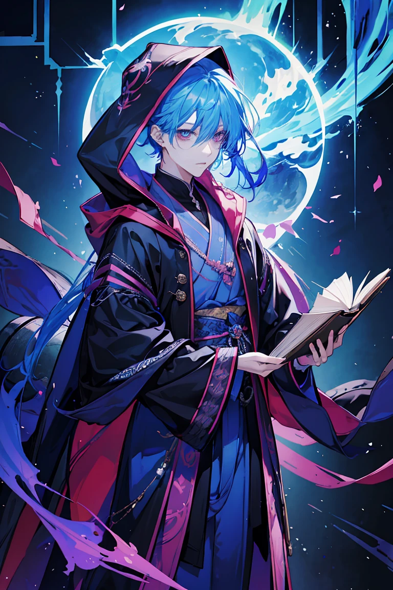 Sorcerer a pinkhightlightbluehair men, wearing a , fasion hair, fasion hair, slim body, hood, hakama, men, handsome face, tall 187cm, 21yearold, male, Secret, magicbook, red eyes,