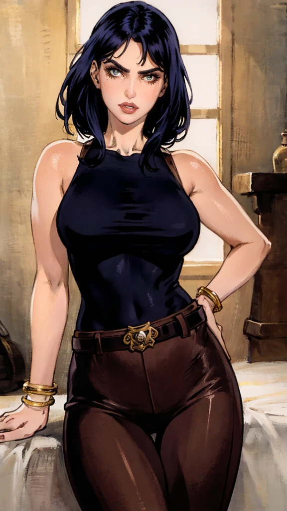 A beautiful woman with long shiny black hair, choppy bangs, a delicate face, a cold proud gaze, a fit figure, a fantasy-style high-necked leather breastplate top, sleeveless, exposes her waist, a bracelet adorns her wrist, tight-fitting leather pants, her right hand holds a Katana with a blue scabbard, she lounges casually sitting on a 64 impala, this character embodies a finely crafted fantasy-style bounty hunter in anime style, exquisite and mature manga art style, (Alexandra Daddario:1.2), high definition, best quality, highres, ultra-detailed, ultra-fine painting, extremely delicate, professional, anatomically correct, symmetrical face, extremely detailed eyes and face, high quality eyes, creativity, RAW photo, UHD, 32k, Natural light, cinematic lighting, masterpiece-anatomy-perfect, masterpiece:1.5