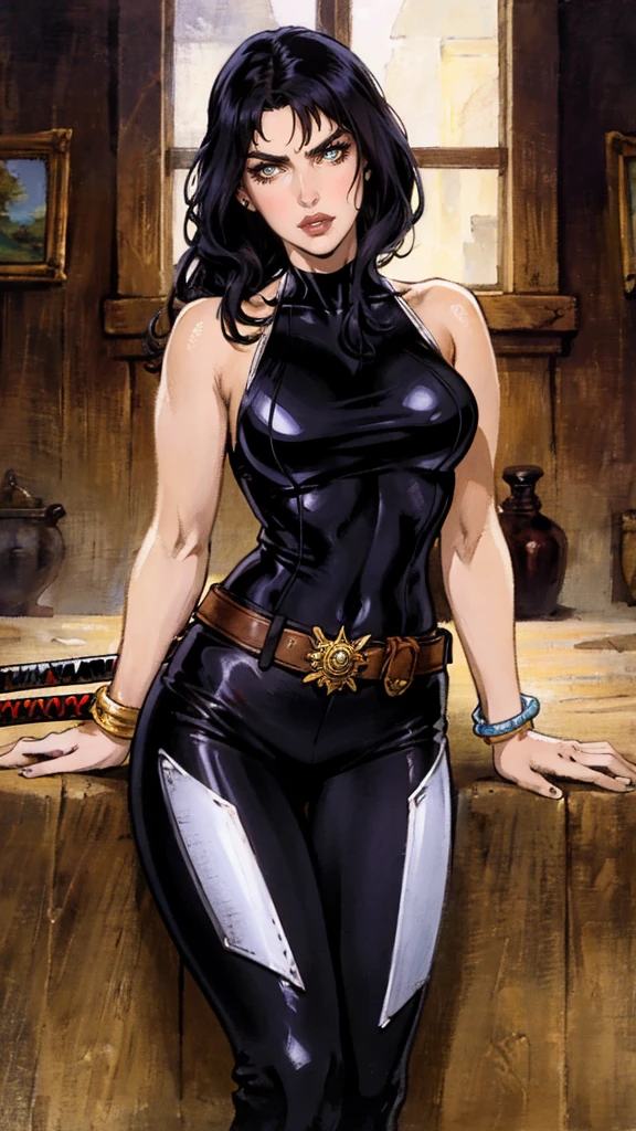 A beautiful woman with long shiny black hair, choppy bangs, a delicate face, a cold proud gaze, a fit figure, a fantasy-style high-necked leather breastplate top, sleeveless, exposes her waist, a bracelet adorns her wrist, tight-fitting leather pants, her right hand holds a Katana with a blue scabbard, she lounges casually sitting on a 64 impala, this character embodies a finely crafted fantasy-style bounty hunter in anime style, exquisite and mature manga art style, (Alexandra Daddario:1.2), high definition, best quality, highres, ultra-detailed, ultra-fine painting, extremely delicate, professional, anatomically correct, symmetrical face, extremely detailed eyes and face, high quality eyes, creativity, RAW photo, UHD, 32k, Natural light, cinematic lighting, masterpiece-anatomy-perfect, masterpiece:1.5
