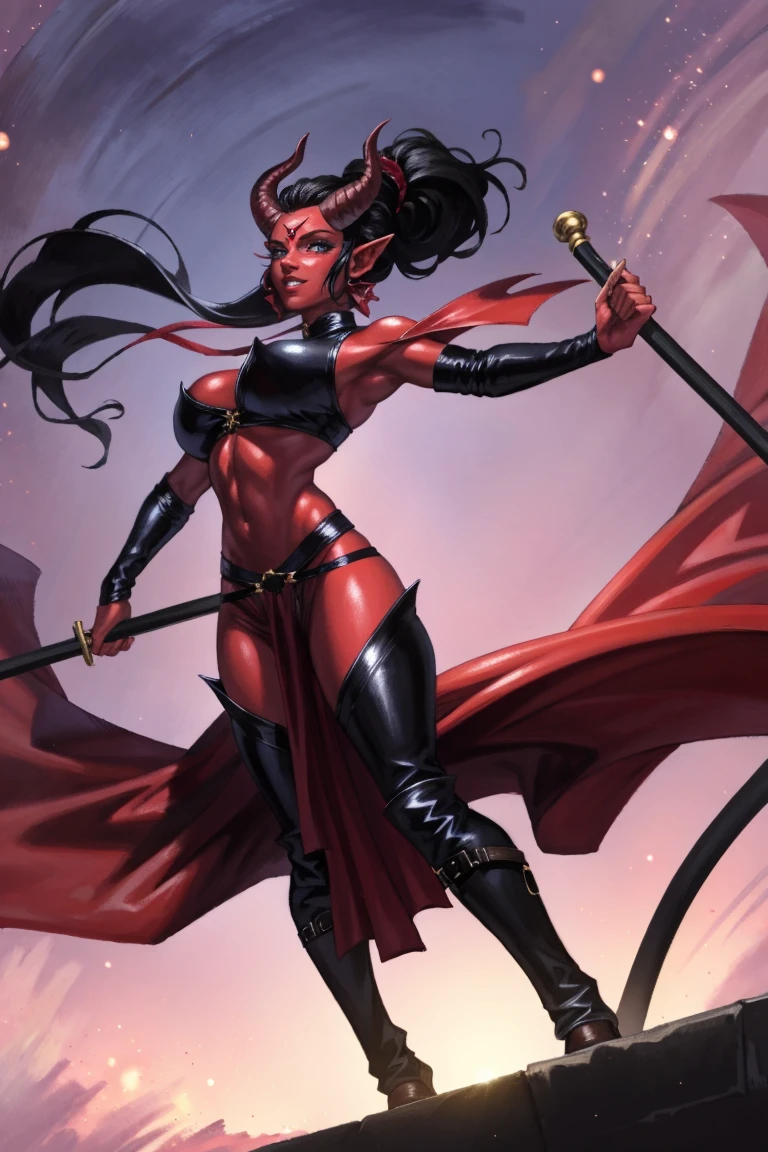 Red skin succubus tiefling, medium breasts, black horns, wings, huge tail, black leather, crop top, long flowing pelvic curtain, tall, toned, graceful, thin, long black ponytail. Action scene, whip. Dark scene, explosions, night sky. massiveboobs