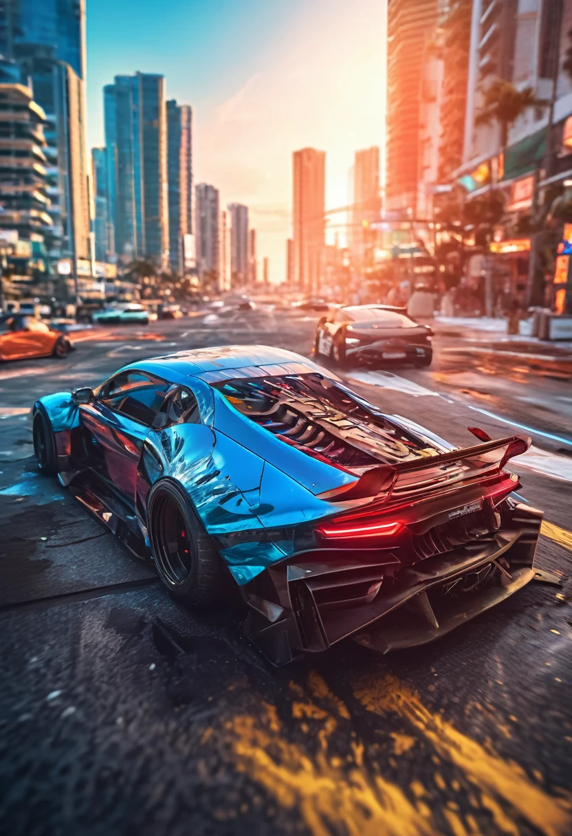 Sports car racing down cyberpunk Miami city, Cyberpunk Car wallpaper, bright sunny day, beautiful cloudy sky, perfect car anatomy and proportions, streets neon signs and debris, exciting epic action camera, masterpiece quality phone wallpaper, sharp details, (masterpiece:1.2) (photorealistic:1.2) (bokeh) (best quality) (intricate) (8k) (HDR) (cinematic lighting) (sharp focus)