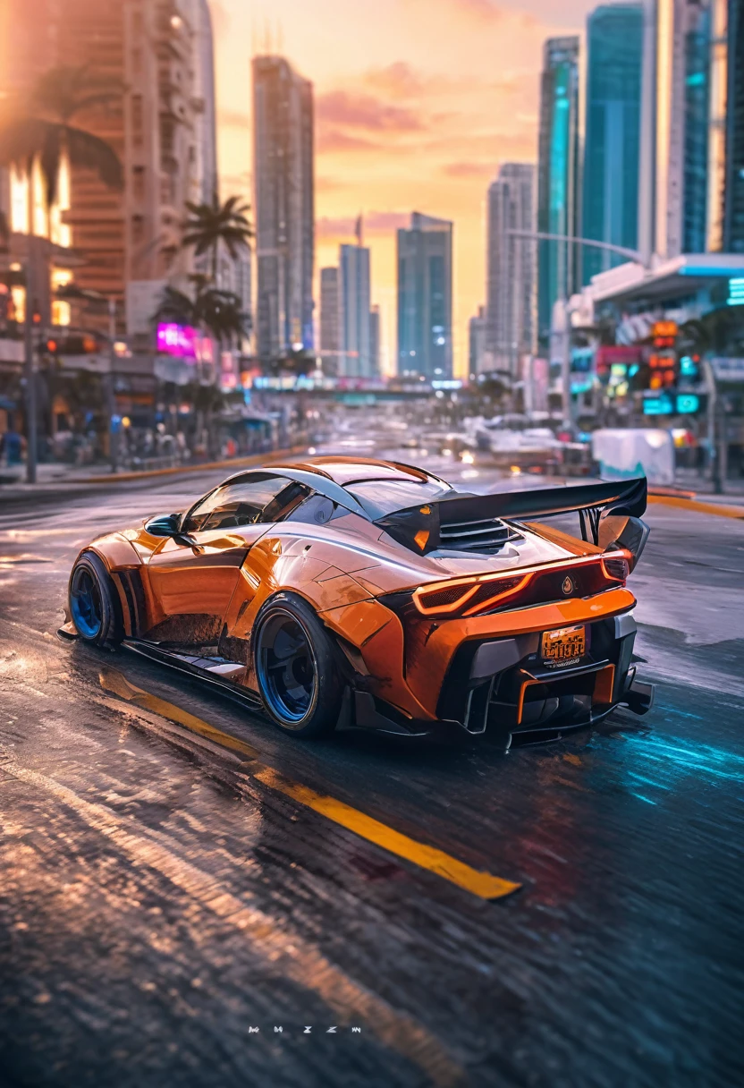 Sports car racing down cyberpunk Miami city, Cyberpunk Car wallpaper, bright sunny day, beautiful cloudy sky, perfect car anatomy and proportions, streets neon signs and debris, exciting epic action camera, masterpiece quality phone wallpaper, sharp details, (masterpiece:1.2) (photorealistic:1.2) (bokeh) (best quality) (intricate) (8k) (HDR) (cinematic lighting) (sharp focus)