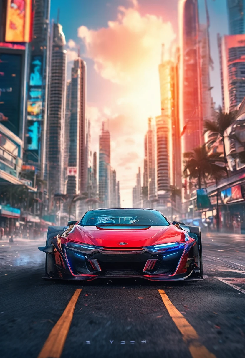 Sports car racing down cyberpunk Miami city, Cyberpunk Car wallpaper, bright sunny day, beautiful cloudy sky, perfect car anatomy and proportions, streets neon signs and debris, exciting epic action camera, masterpiece quality phone wallpaper, sharp details, (masterpiece:1.2) (photorealistic:1.2) (bokeh) (best quality) (intricate) (8k) (HDR) (cinematic lighting) (sharp focus)
