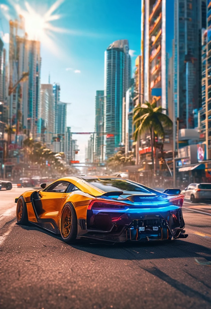 Sports car racing down cyberpunk Miami city, Cyberpunk Car wallpaper, bright sunny day, beautiful cloudy sky, perfect car anatomy and proportions, streets neon signs and debris, exciting epic action camera, masterpiece quality phone wallpaper, sharp details, (masterpiece:1.2) (photorealistic:1.2) (bokeh) (best quality) (intricate) (8k) (HDR) (cinematic lighting) (sharp focus)
