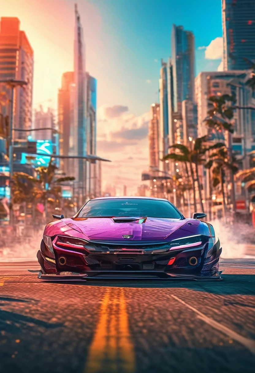 Sports car racing down cyberpunk Miami city, Cyberpunk Car wallpaper, bright sunny day, beautiful cloudy sky, perfect car anatomy and proportions, streets neon signs and debris, exciting epic action camera, masterpiece quality phone wallpaper, sharp details, (masterpiece:1.2) (photorealistic:1.2) (bokeh) (best quality) (intricate) (8k) (HDR) (cinematic lighting) (sharp focus)