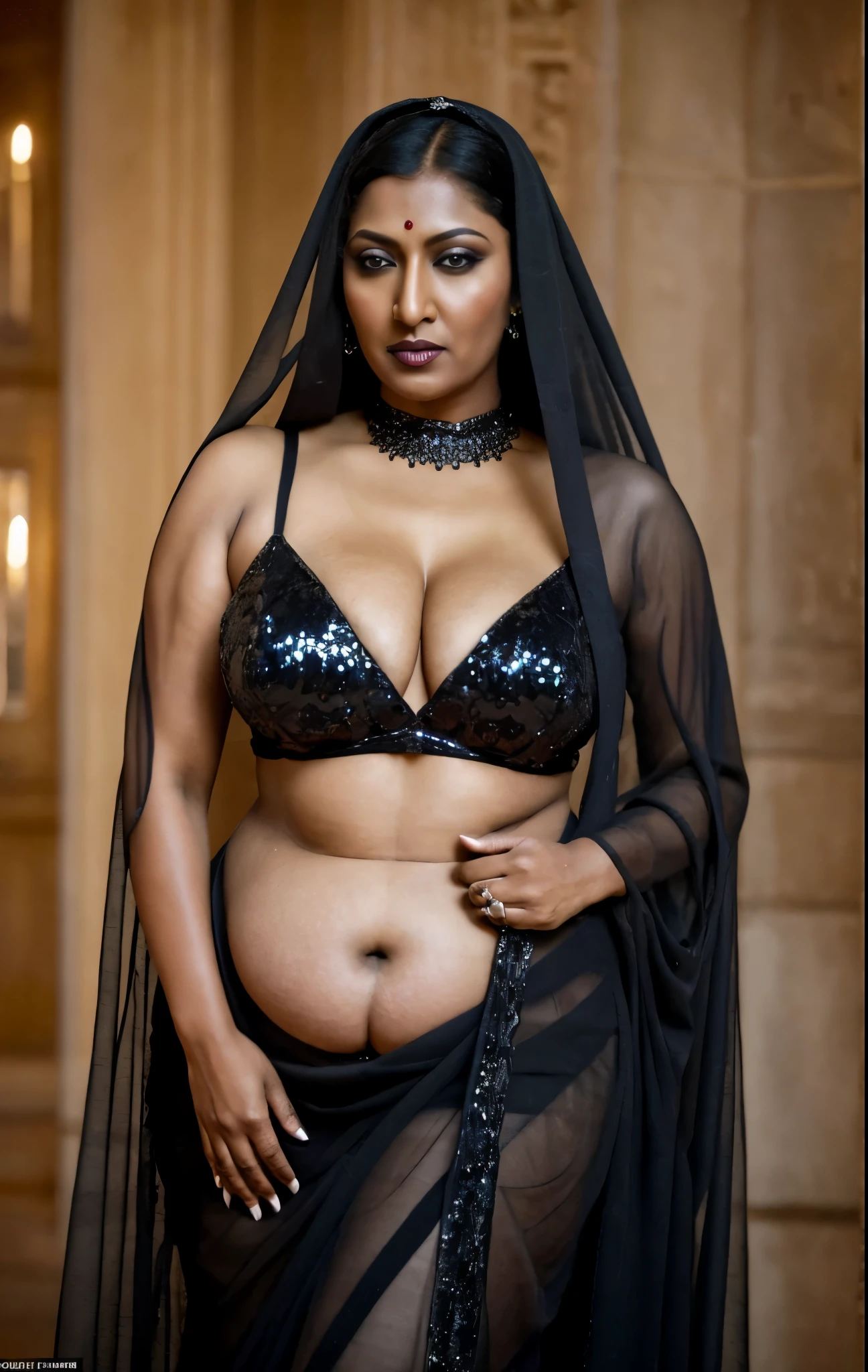 Anusha hot cleavage photos in black sari - SeaArt AI