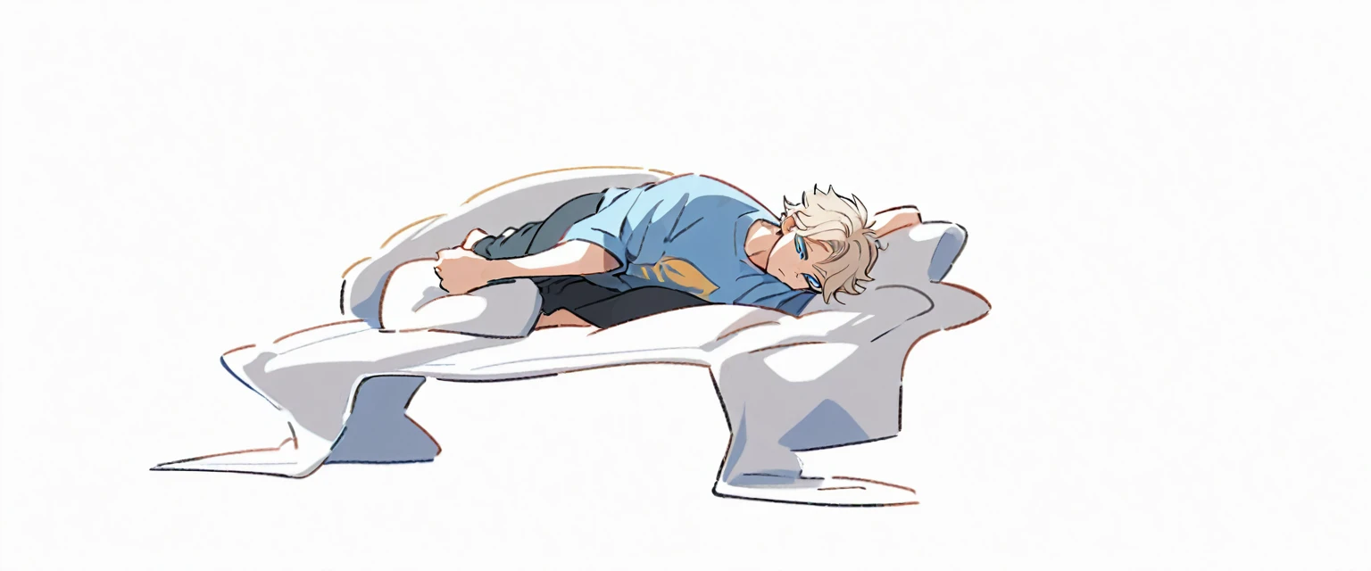 a handsome male caucasian,with short dark blond hair and blue eyes wearing a blue t-shirt and black pants, and he is sitting down, manwha style